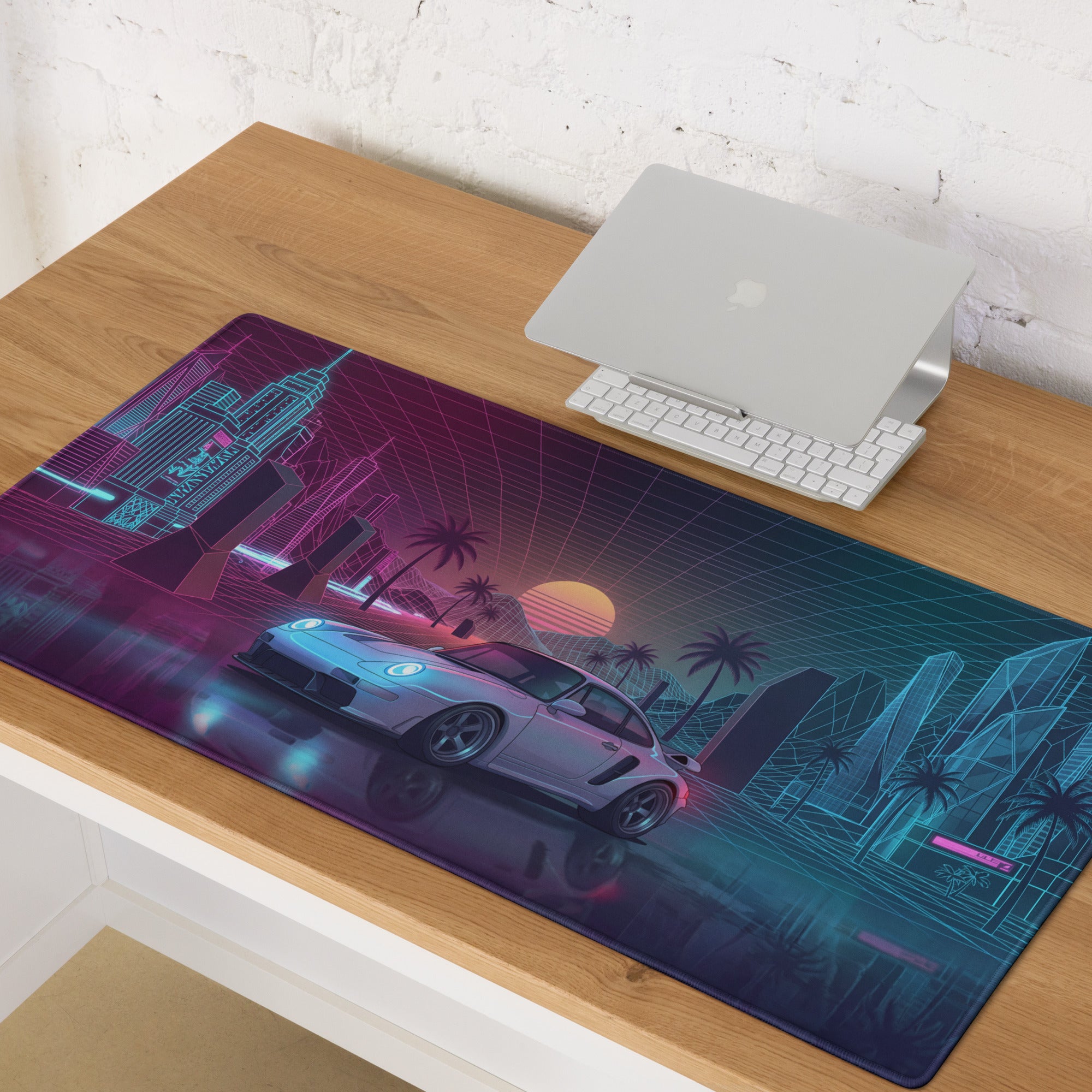 Porsche 911 GT2 993 Inspired Silver Pink Vaporwave Gaming Mouse Pad, Widebody Sports Car Desk Mat with Neon Grid Sunset and Palm Tree Artwork