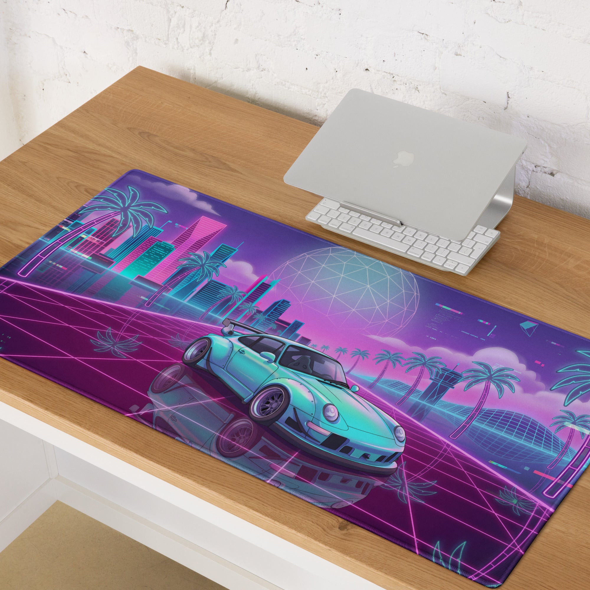 Porsche 911 964 Inspired Mint Green Purple Vaporwave Gaming Mouse Pad, Widebody Sports Car Desk Mat with Neon Futuristic Overpass Artwork