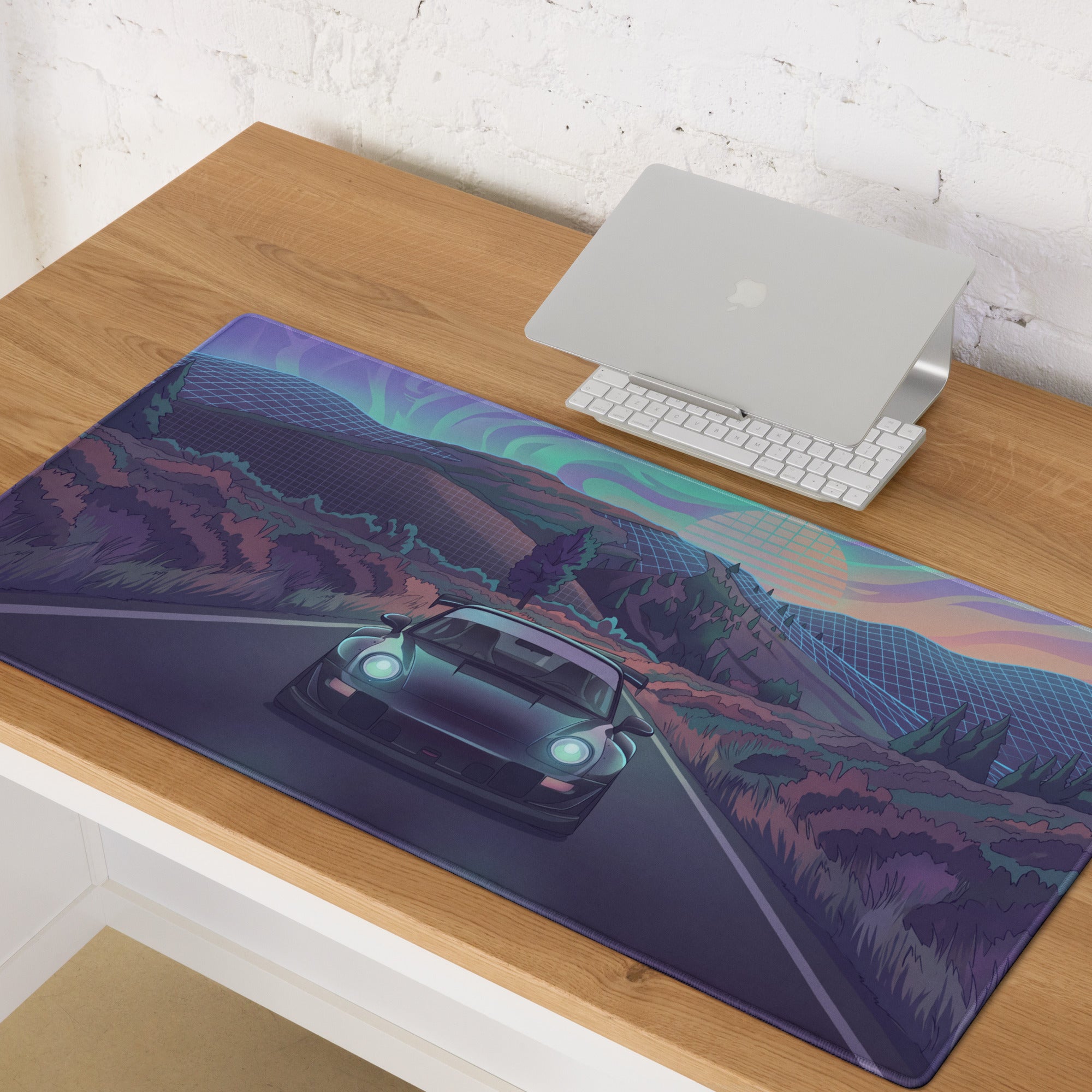 Porsche 911 Inspired Teal Purple Vaporwave Gaming Mouse Pad, Retro Sunset Mountain Road Desk Mat with Futuristic Synthwave Car Artwork