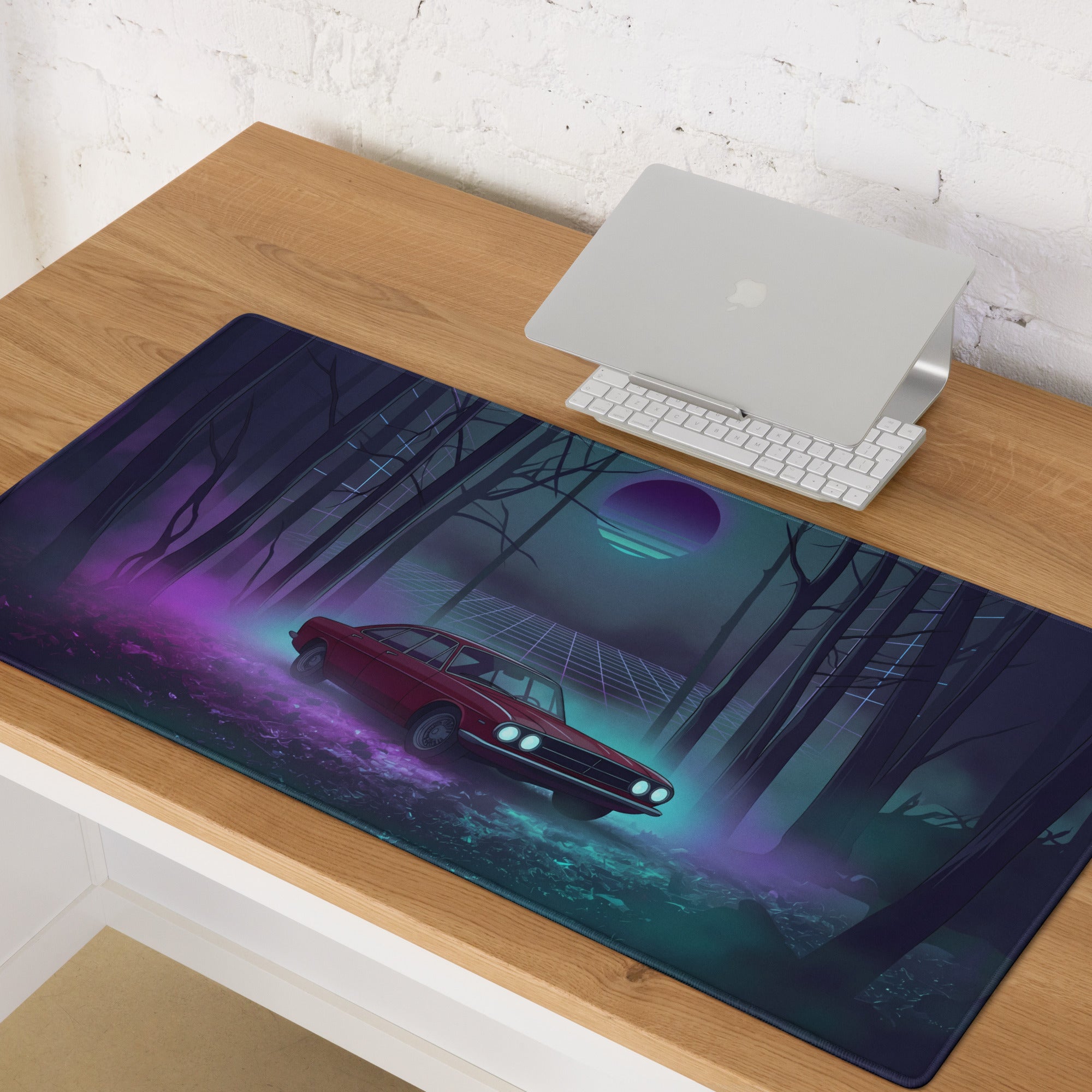 Vintage Car Inspired Red Teal Vaporwave Gaming Mouse Pad, Neon Haunted Forest Desk Mat with Moody Retro Japanese Sedan Artwork