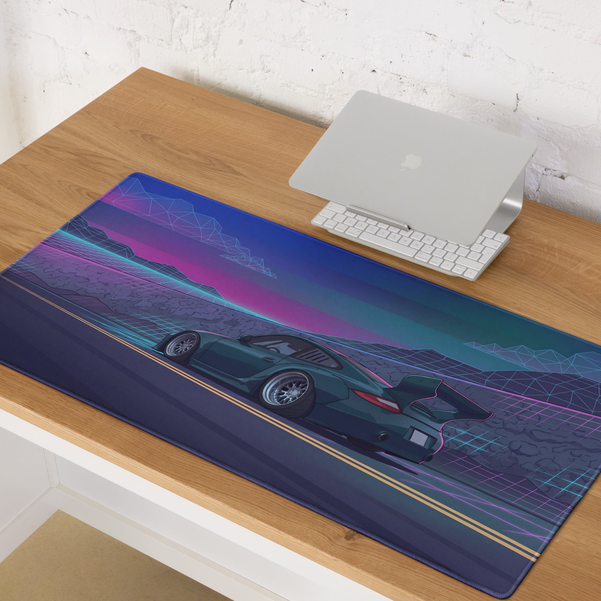 Porsche 911 997 Inspired Teal Purple Vaporwave Gaming Mouse Pad, Neon Mountain Road Desk Mat with Retro Futuristic Race Car Artwork