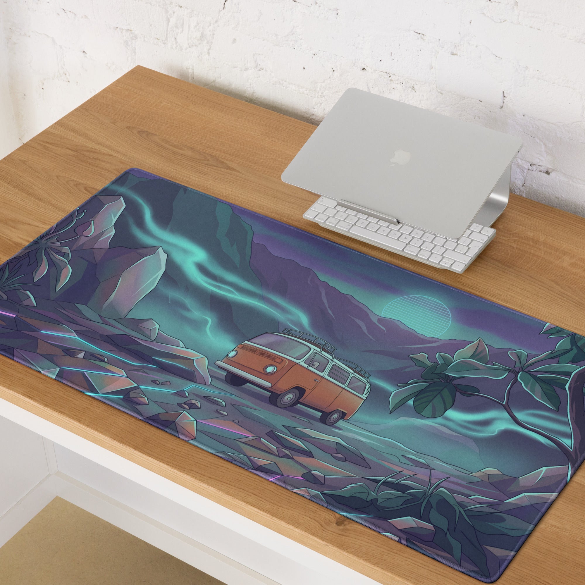 Volkswagen Type 2 Bus Inspired Orange Teal Vaporwave Gaming Mouse Pad, Neon Mountain Adventure Desk Mat with Retro Futuristic Camper Van Artwork