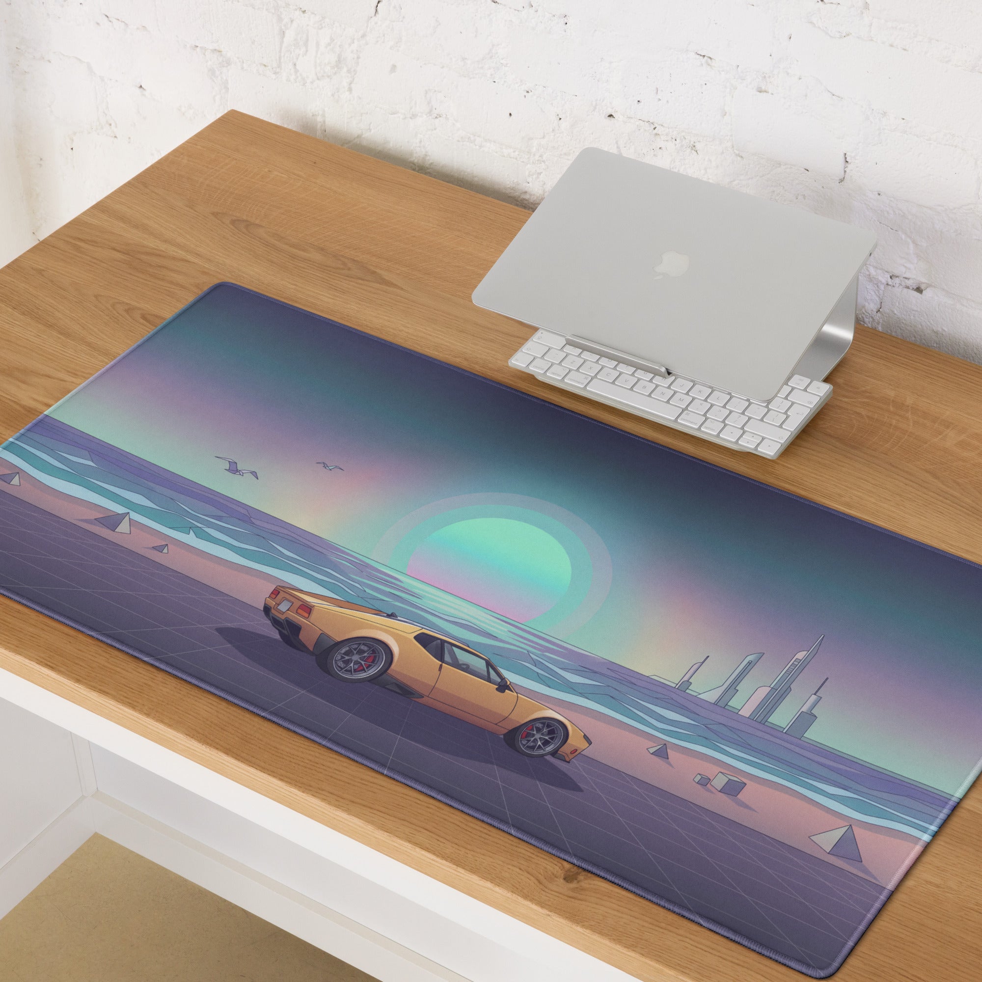 De Tomaso Pantera Inspired Orange Teal Vaporwave Gaming Mouse Pad, Retro Coastal Sunset Desk Mat with Futuristic Classic Supercar Artwork