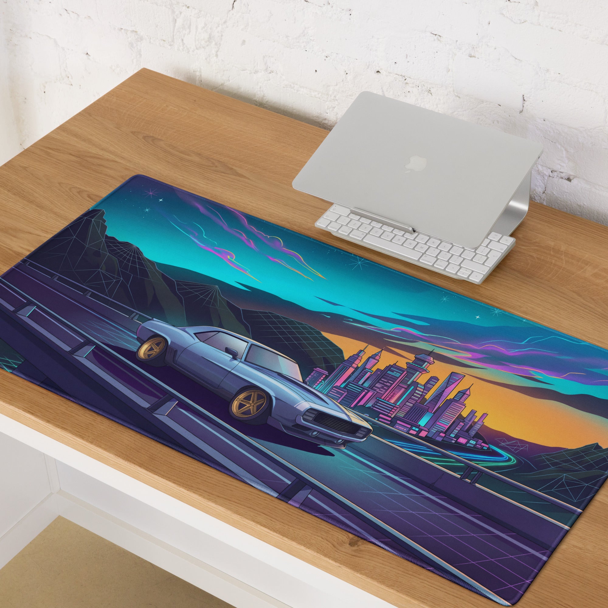 Chevrolet Camaro 1969 Inspired Blue Gold Vaporwave Gaming Mouse Pad, Neon Futuristic City Desk Mat with Retro Muscle Car Artwork