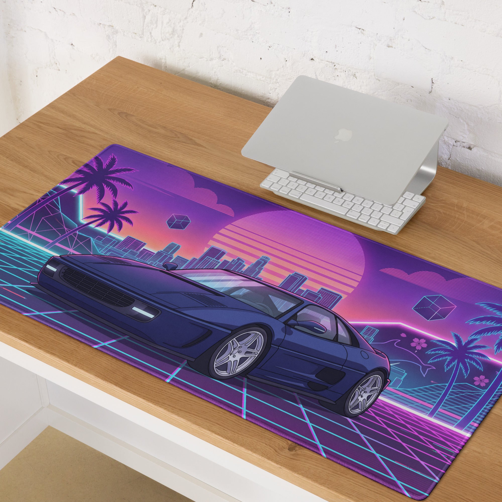 Ferrari F355 Inspired Blue Purple Vaporwave Gaming Mouse Pad, Neon Retro Sunset City Desk Mat with Futuristic Supercar Artwork