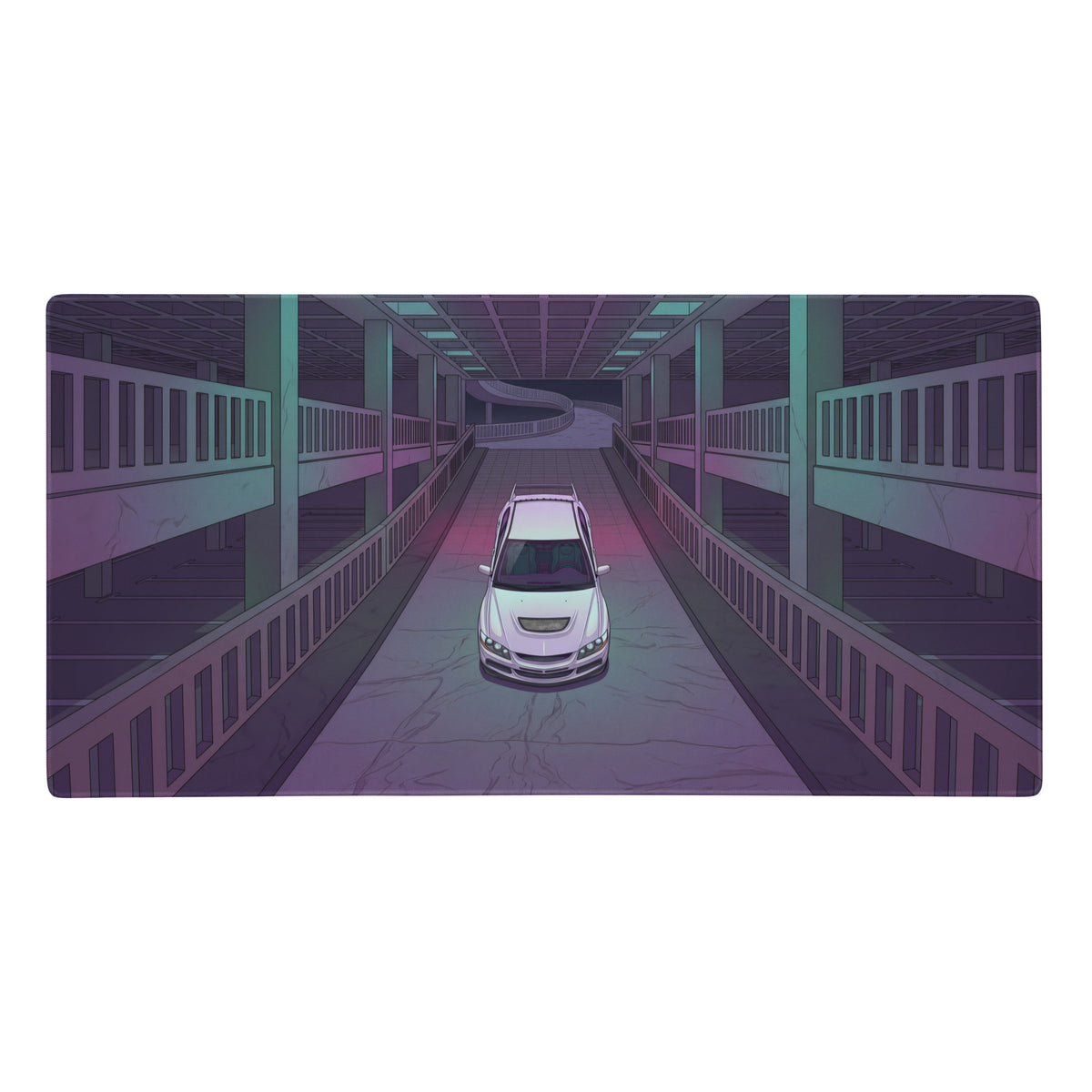 White mitsubishi lancer evolution ix inspired gaming mouse pad with neon purple teal vaporwave parking garage art