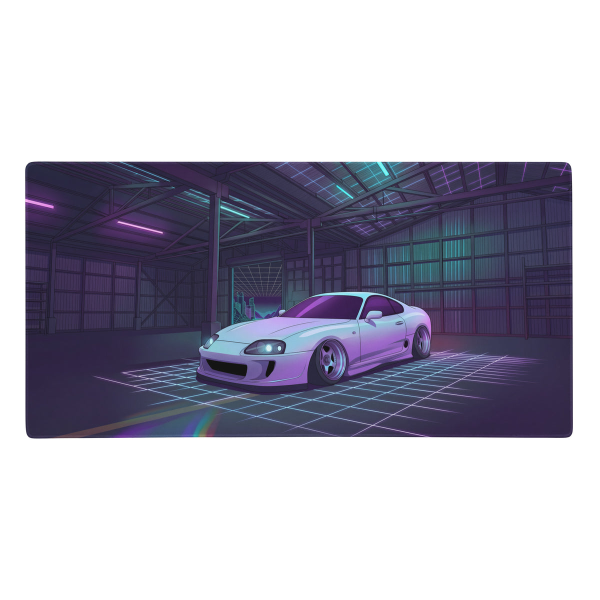 White toyota supra mk4 inspired vaporwave gaming mouse pad with neon retro futuristic jdm sports car art