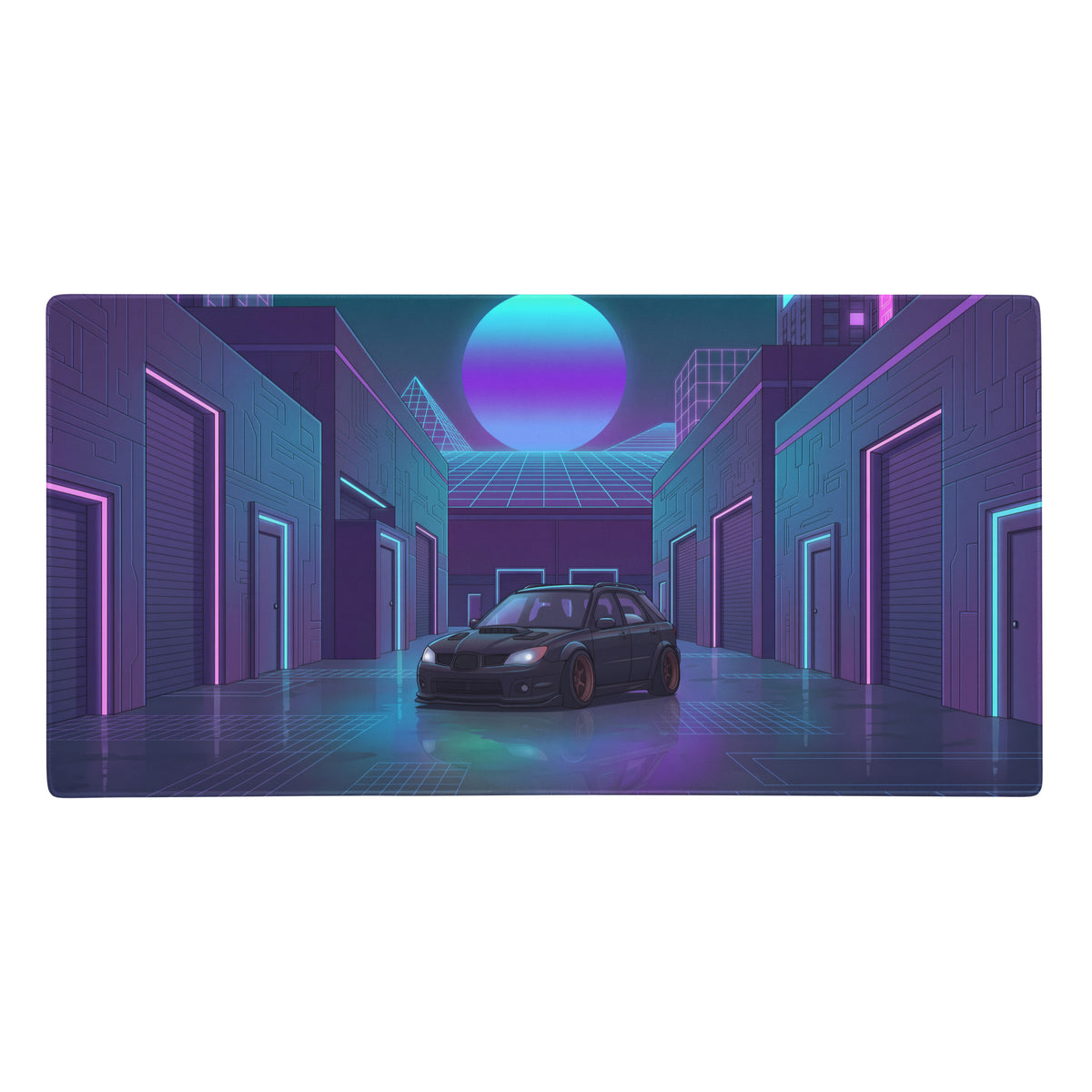 Black subaru impreza wrx wagon inspired gaming mouse pad with neon jdm tuner car art and orange wheel hatchback design
