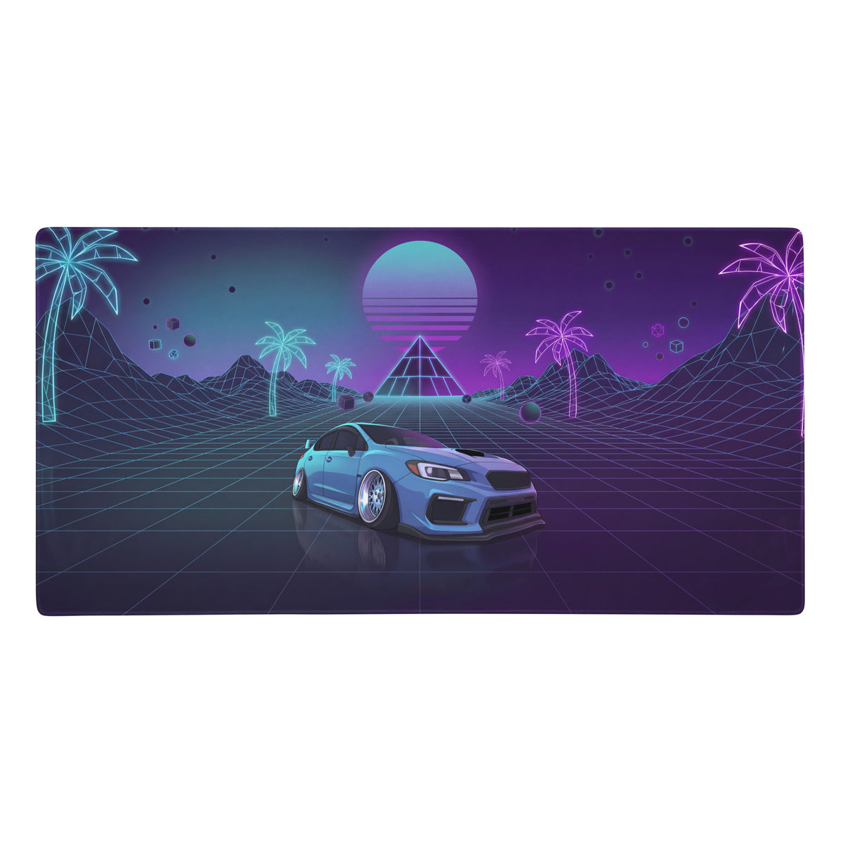 Subaru wrx sti va inspired blue purple vaporwave gaming mouse pad with neon jdm rally car and retro futuristic palm grid design
