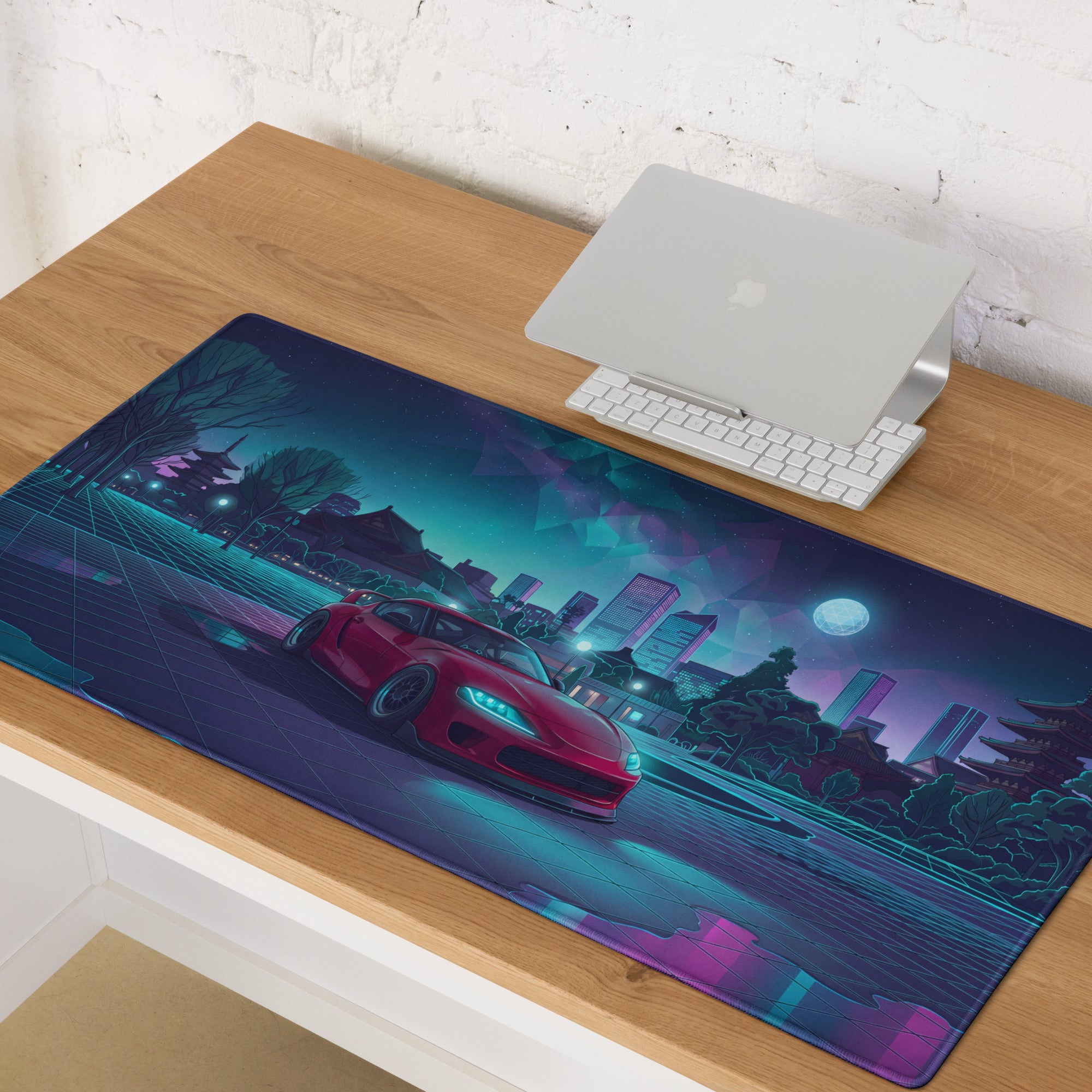 Mk5 Toyota Supra Inspired Red Vaporwave Gaming Mouse Pad, Neon JDM Sports Car Desk Mat with Cyberpunk Japanese Cityscape and Retro Futuristic Art