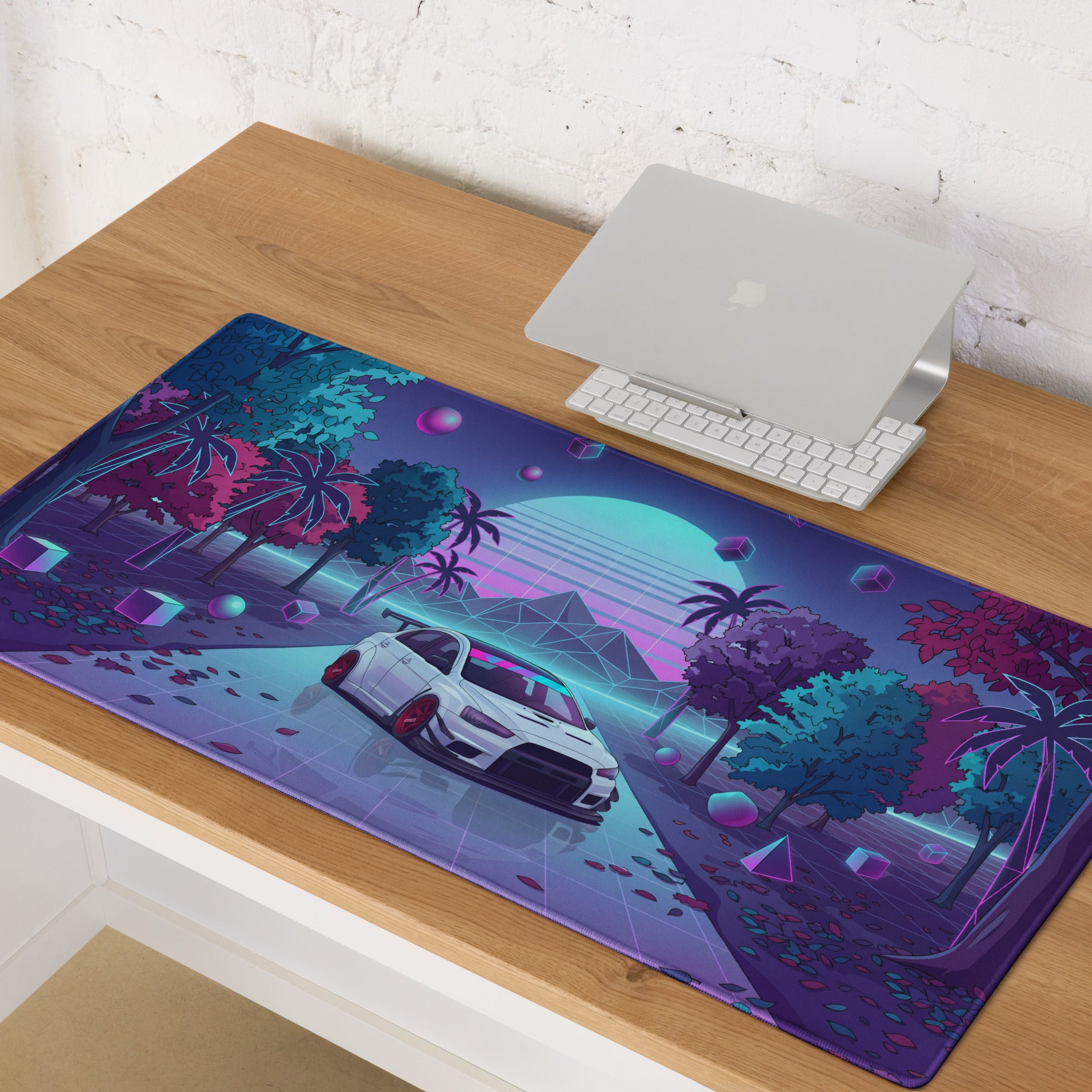 Mitsubishi Lancer Evolution X Inspired White Vaporwave Gaming Mouse Pad, Neon JDM Performance Car Desk Mat with Retro Futuristic Synthwave Art