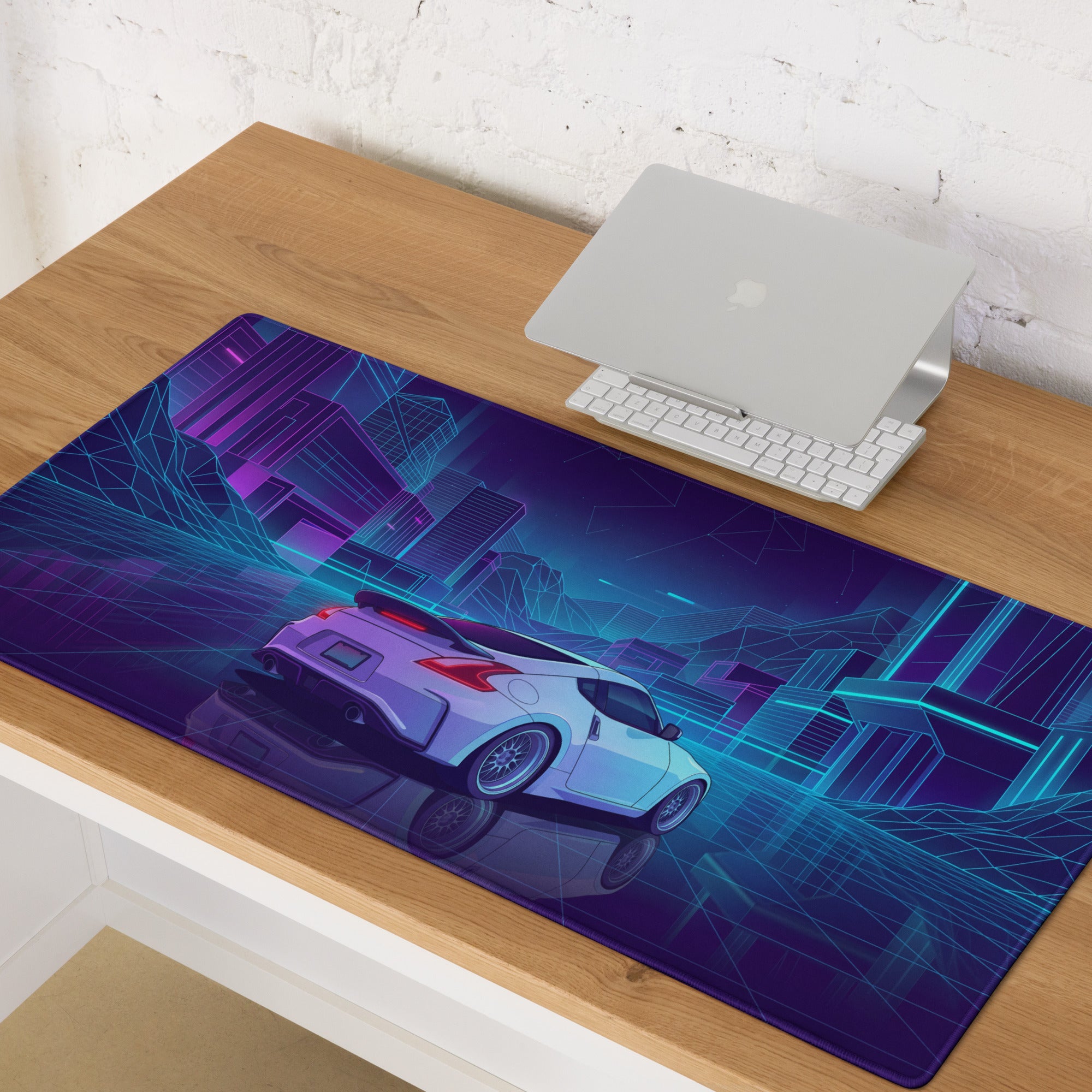 Nissan 370Z Z34 Inspired White Blue Vaporwave Gaming Mouse Pad, Neon JDM Sports Car Desk Mat with Retro Futuristic Cyber City Artwork