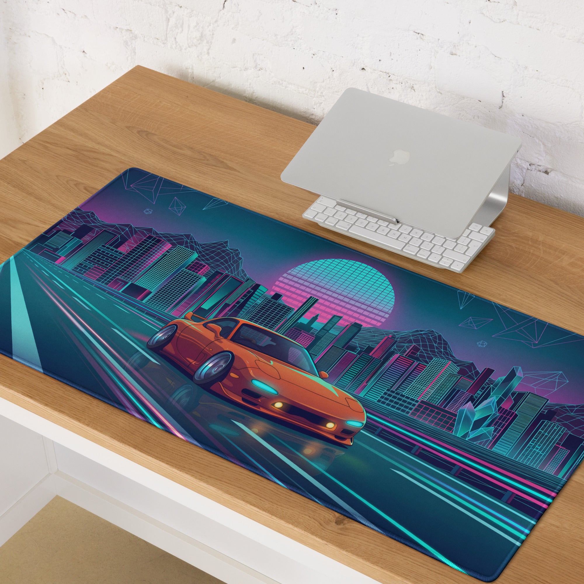Mazda RX-7 FD Inspired Orange Blue Vaporwave Gaming Mouse Pad, Neon JDM Sports Car Desk Mat with Retro Futuristic Cyber City Highway Artwork
