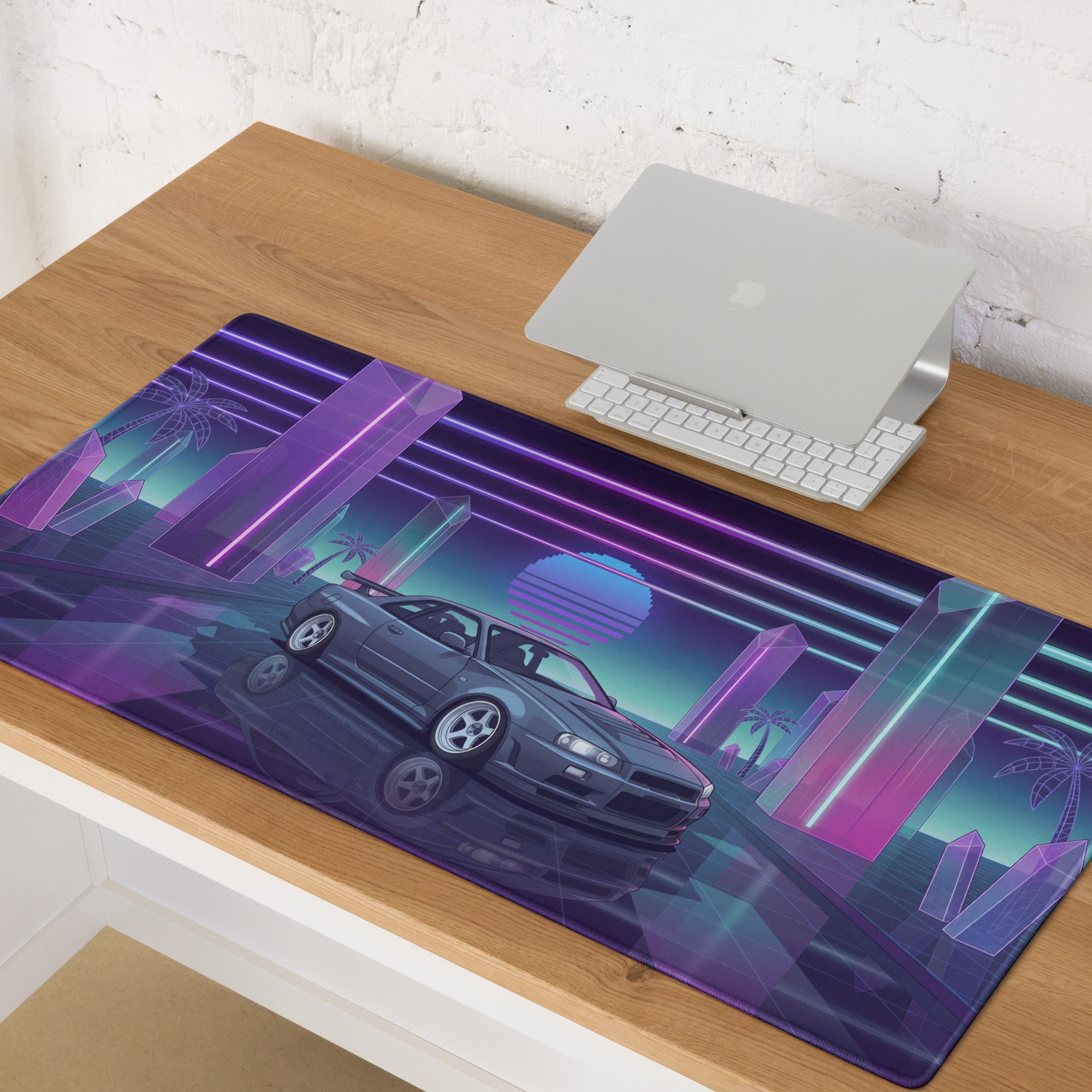 Nissan Skyline GT-R R34 Inspired Gray Purple Vaporwave Gaming Mouse Pad, Neon JDM Sports Car Desk Mat with Retro Futuristic Crystal City Artwork