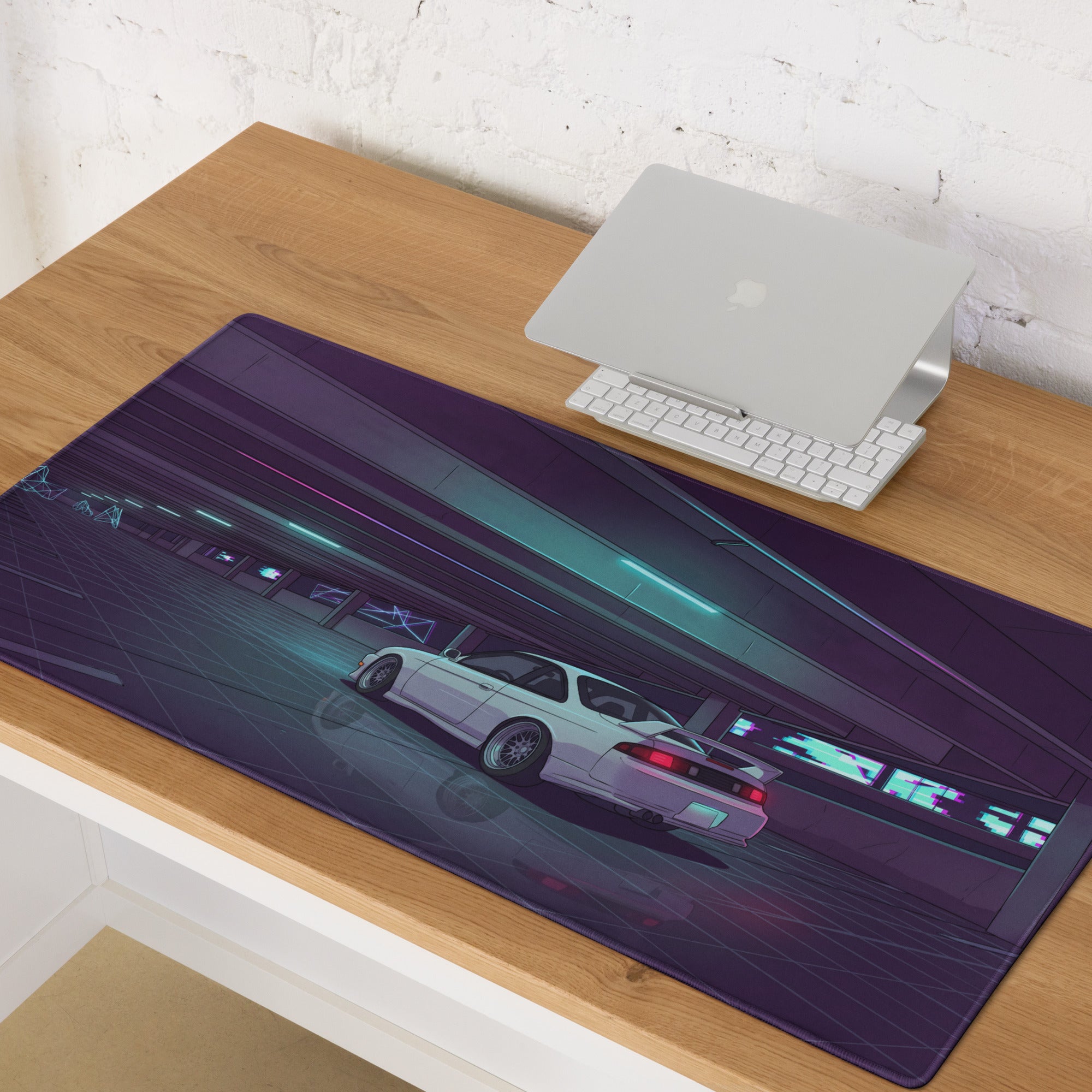 Nissan Silvia S14 Inspired White Purple Vaporwave Gaming Mouse Pad, Neon JDM Drift Car Desk Mat with Retro Futuristic Parking Garage Artwork