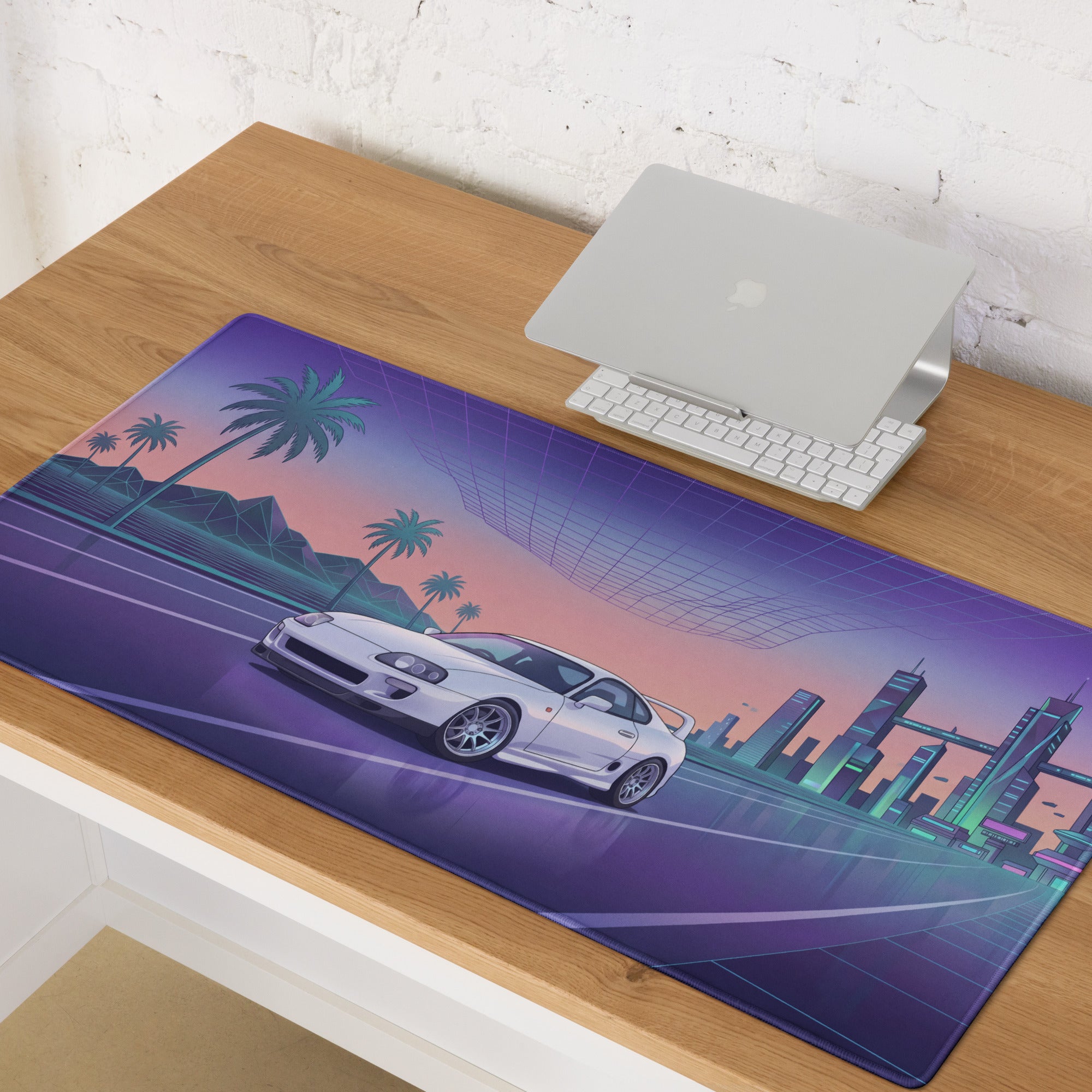 Toyota Supra MK4 A80 Inspired White Purple Vaporwave Gaming Mouse Pad, Neon JDM Sports Car Desk Mat with Retro Futuristic City Road Artwork