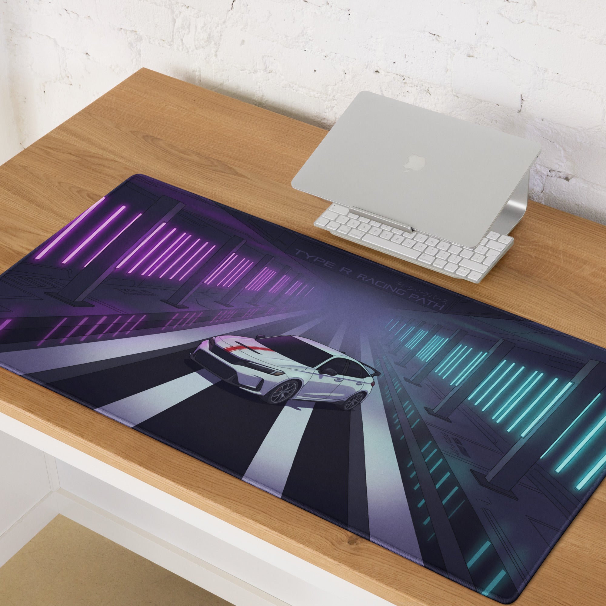 Honda Civic Type R FL5 Inspired White Purple Vaporwave Gaming Mouse Pad, Neon JDM Performance Car Desk Mat with Futuristic Racing Tunnel Artwork