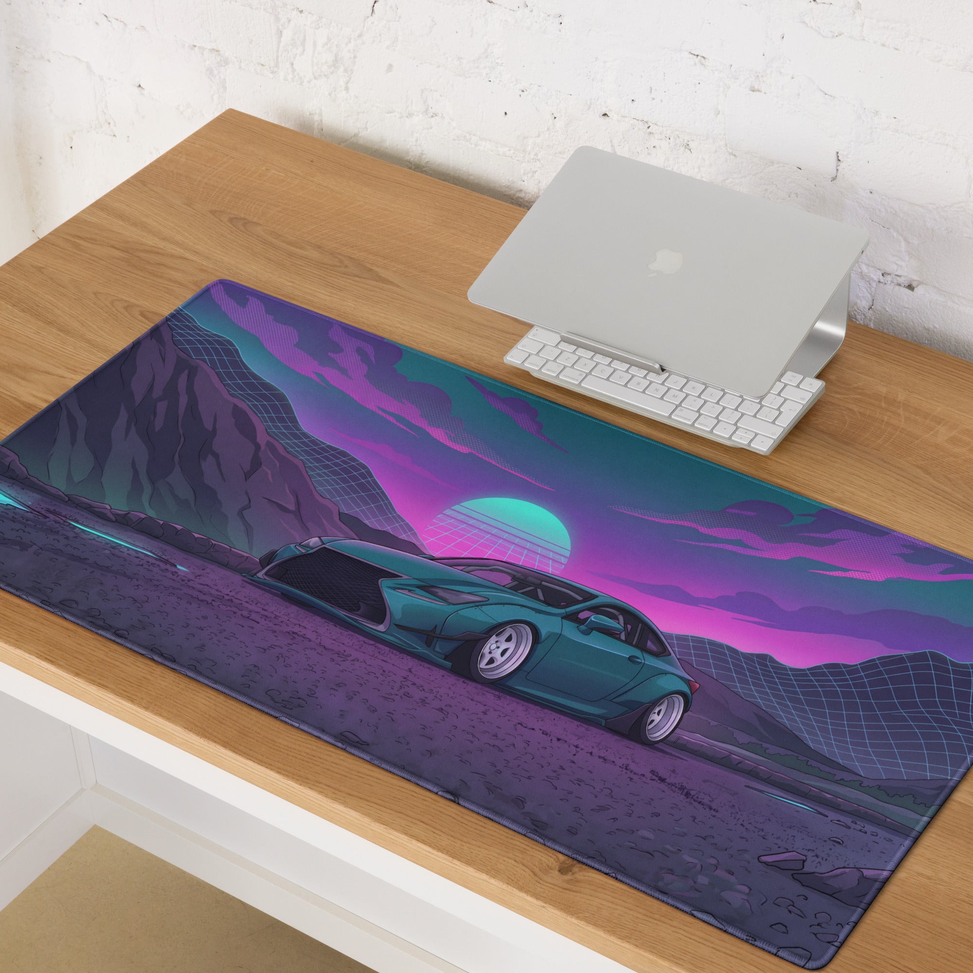 Lexus RC F Inspired Teal Purple Vaporwave Gaming Mouse Pad, Neon Japanese Luxury Sports Coupe Desk Mat with Retro Futuristic Mountain Sunset Artwork