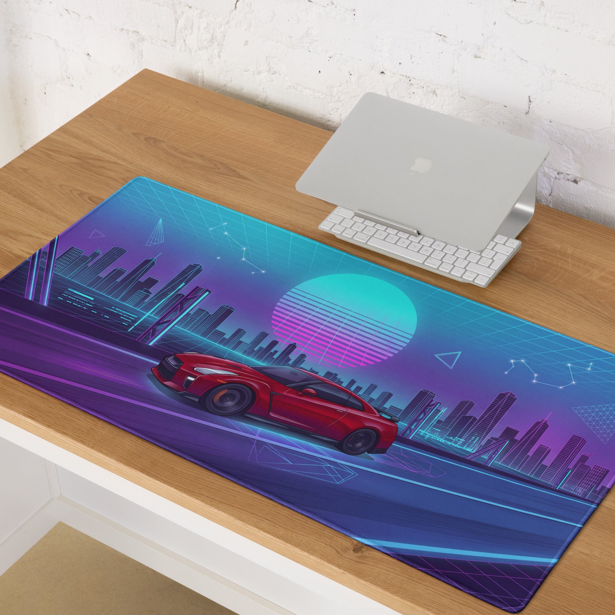 Nissan GT-R R35 Inspired Red Blue Vaporwave Gaming Mouse Pad, Neon JDM Supercar Desk Mat with Retro Futuristic Cyber City Artwork