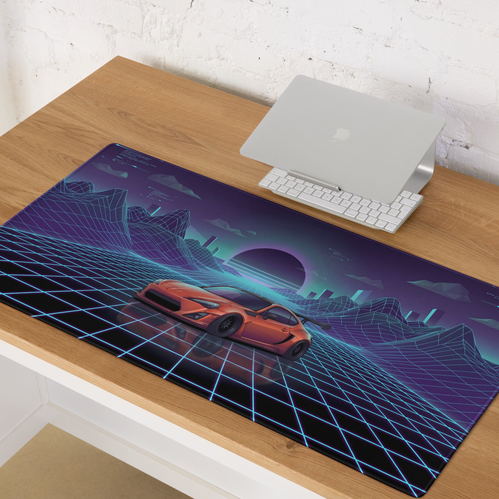 Toyota 86 Inspired Orange Blue Vaporwave Gaming Mouse Pad, Neon JDM Sports Car Desk Mat with Retro Futuristic Cyber Grid Mountain Artwork