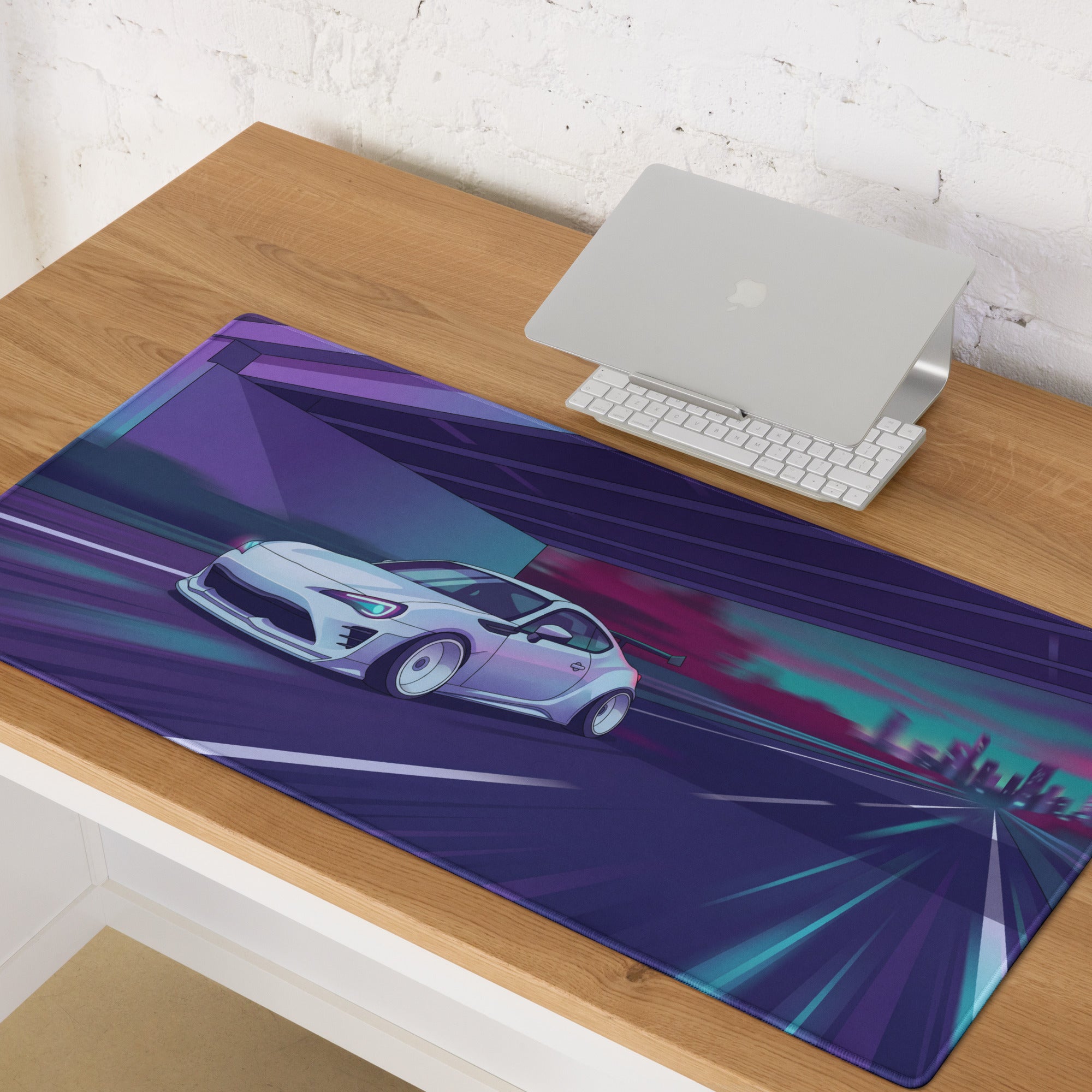 Toyota 86 Inspired White Purple Vaporwave Gaming Mouse Pad, Neon JDM Sports Car Desk Mat with Retro Futuristic Highway City Artwork