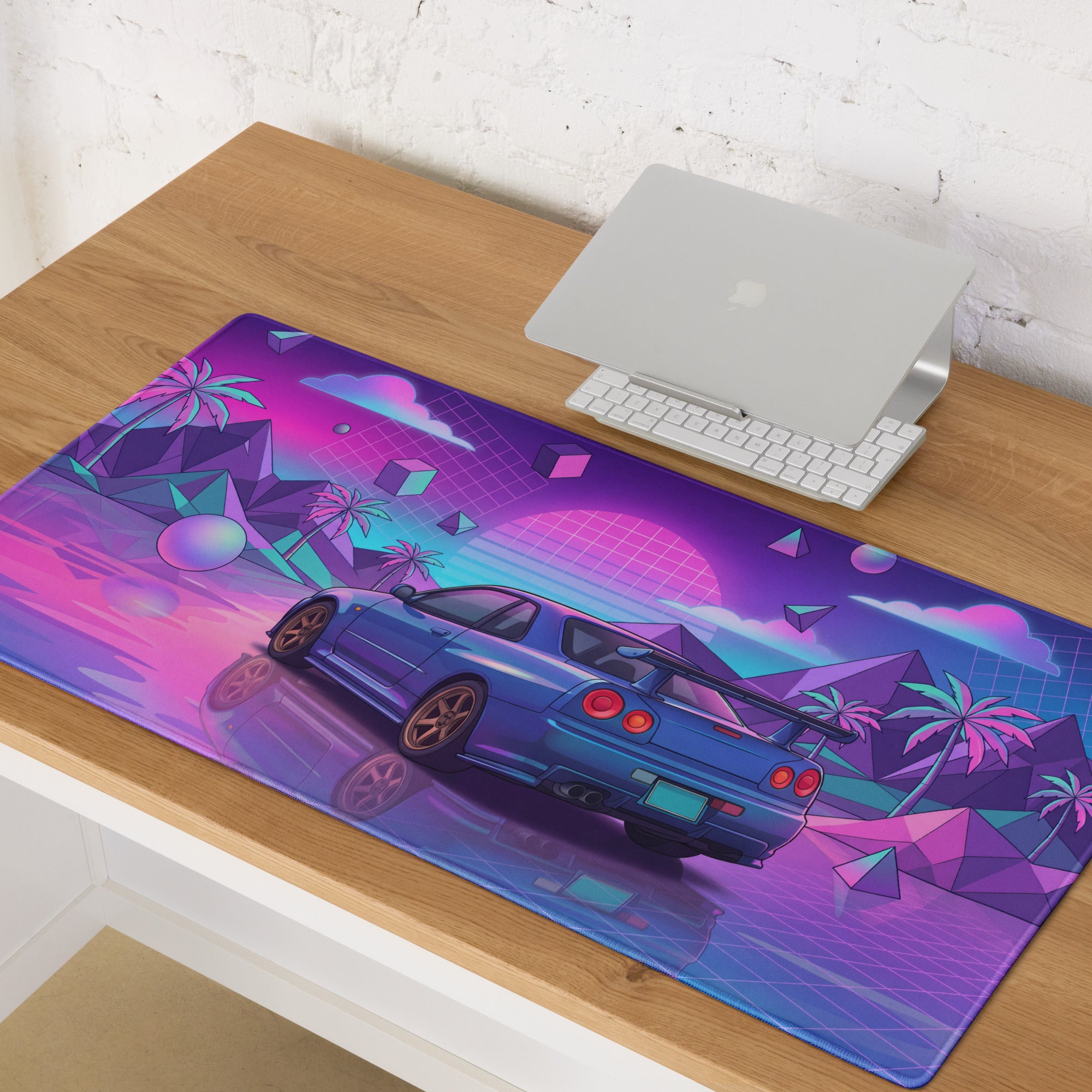 Nissan Skyline GT-R R34 Inspired Blue Pink Vaporwave Gaming Mouse Pad, Neon JDM Sports Car Desk Mat with Retro Futuristic Tropical Grid Artwork