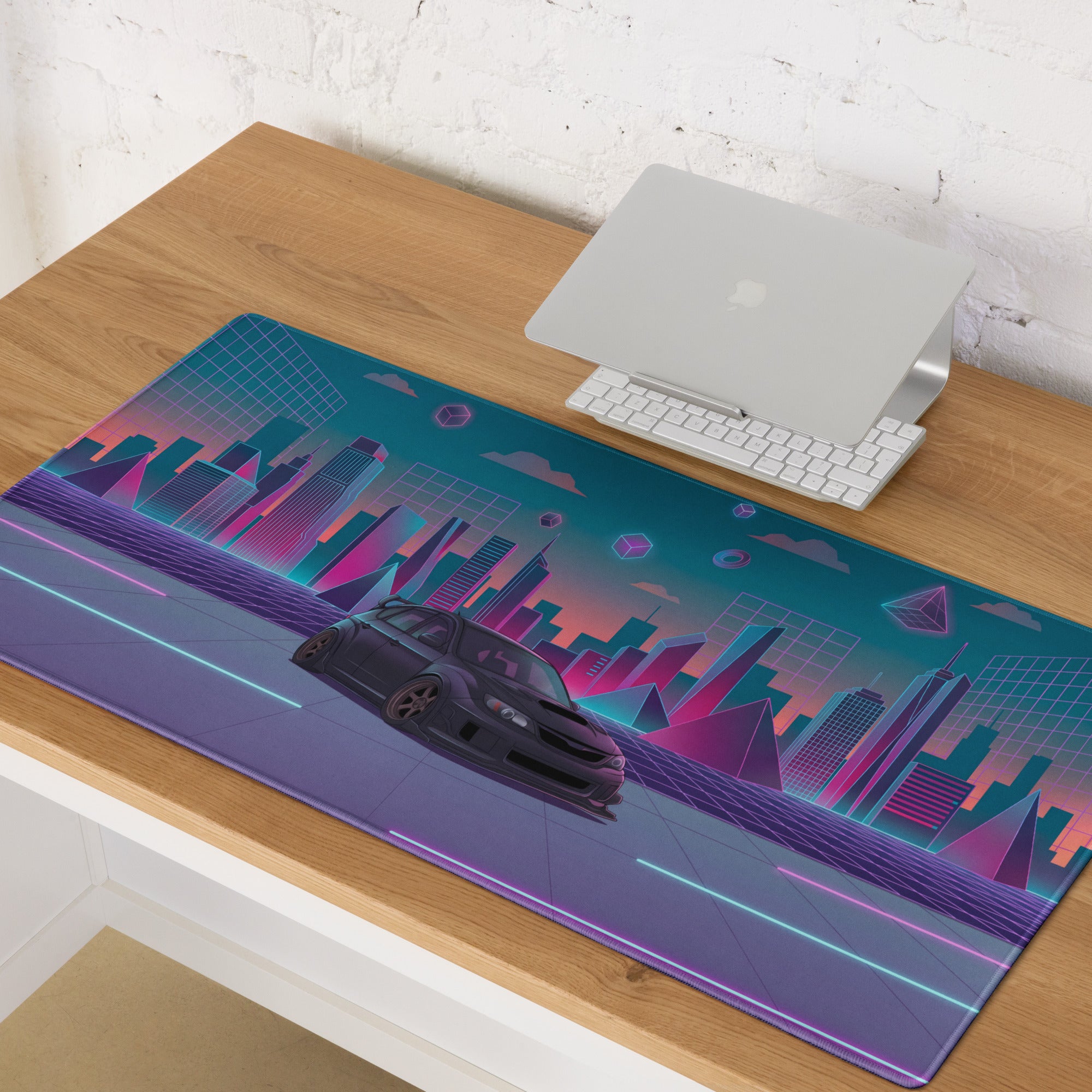 Subaru Impreza WRX STI Hatchback Inspired Black Pink Vaporwave Gaming Mouse Pad, Neon JDM Rally Car Desk Mat with Retro Futuristic Cyber City Artwork