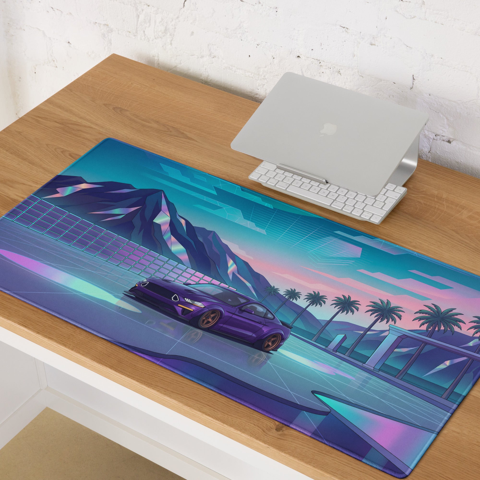 Ford Mustang GT Inspired Purple Vaporwave Gaming Mouse Pad – Neon Mountain Sunset Desk Mat with Retro Futuristic Palm Trees and Synthwave Art