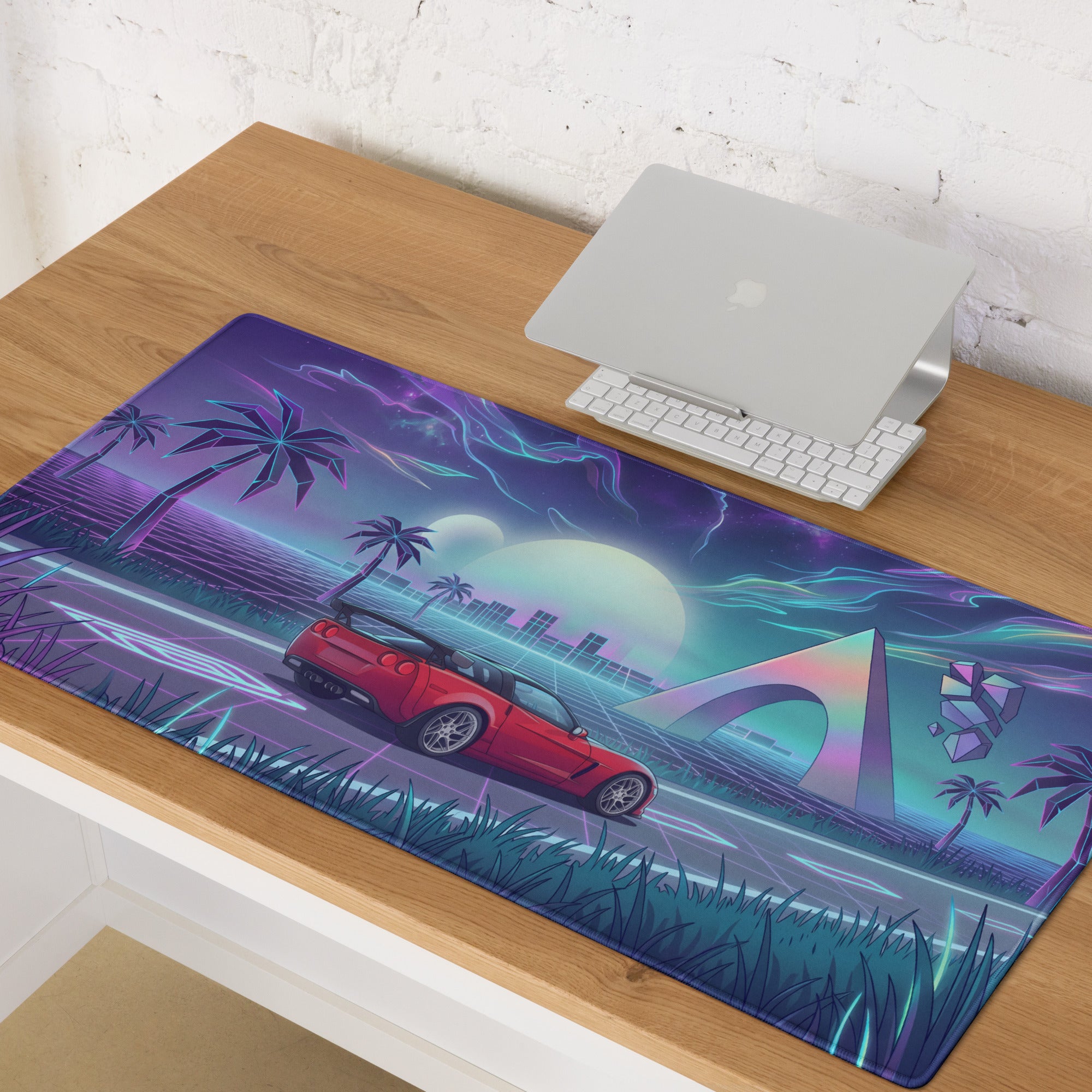 Chevrolet Corvette C6 Z06 Inspired Red Vaporwave Gaming Mouse Pad – Neon Purple Retro Futuristic Road Desk Mat with Palm Trees and Cosmic Synthwave Art