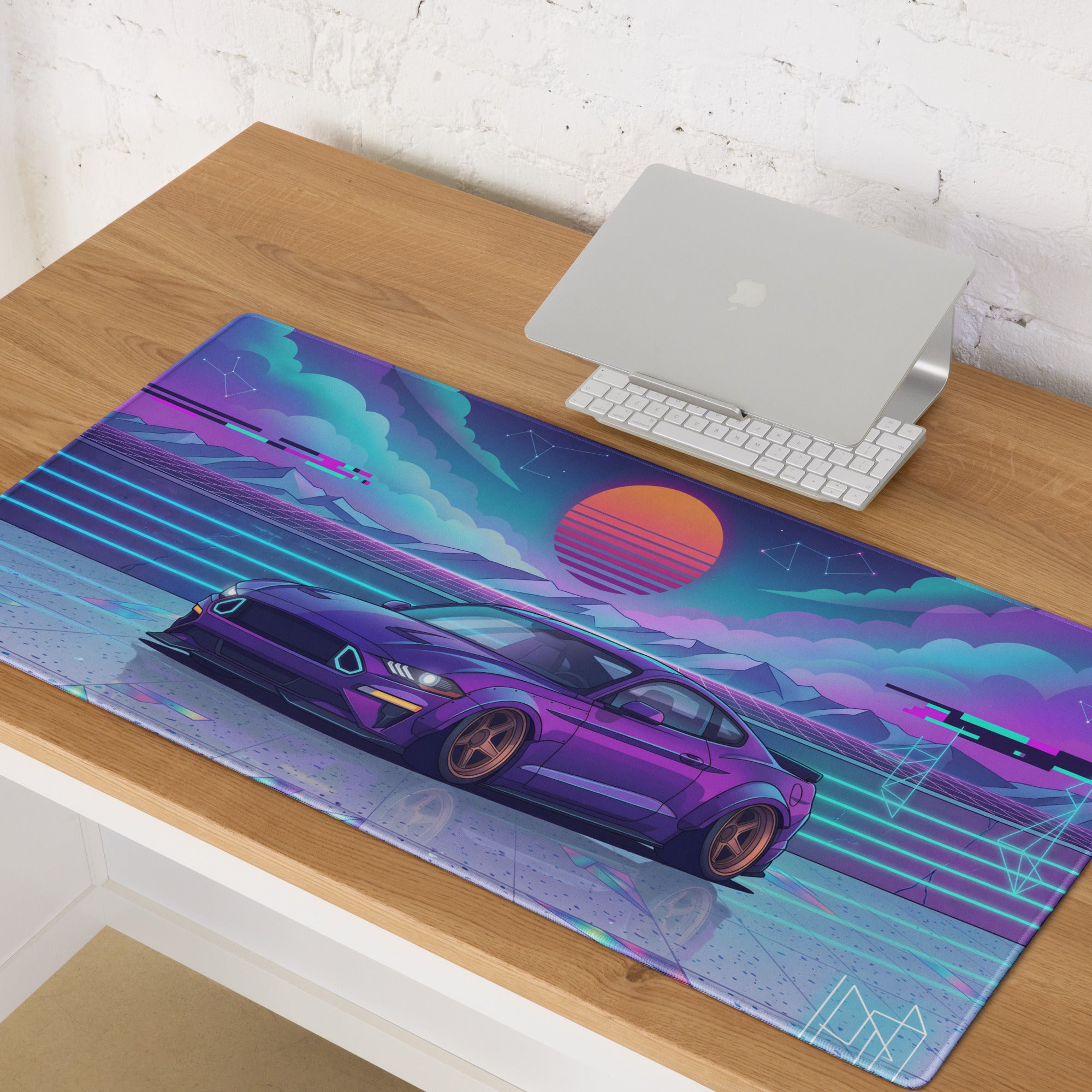 Ford Mustang GT Inspired Purple Vaporwave Gaming Mouse Pad – Neon Blue Retro Futuristic Sunset Desk Mat with Synthwave Mountains and Cyber Grid Art