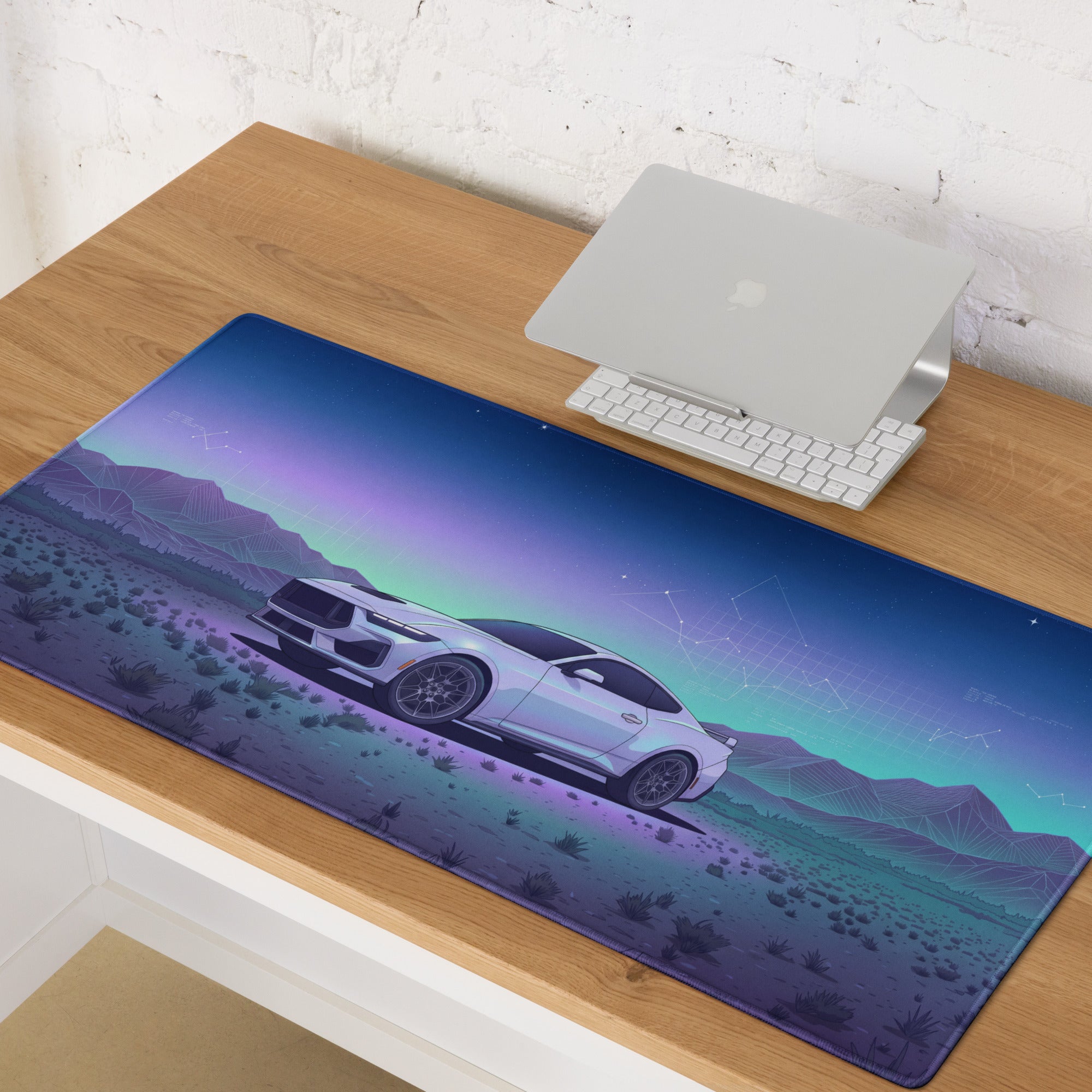 Ford Mustang GT Inspired White Vaporwave Gaming Mouse Pad – Blue Purple Desert Night Desk Mat with Retro Futuristic Mountains and Celestial Art
