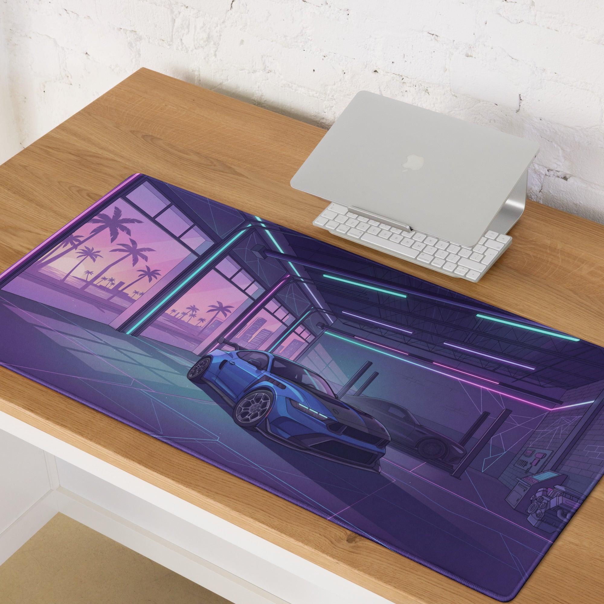 Ford Mustang GTD Inspired Blue Vaporwave Gaming Mouse Pad – Neon Purple Performance Garage Desk Mat with Retro Futuristic Palm Trees and Synthwave Art