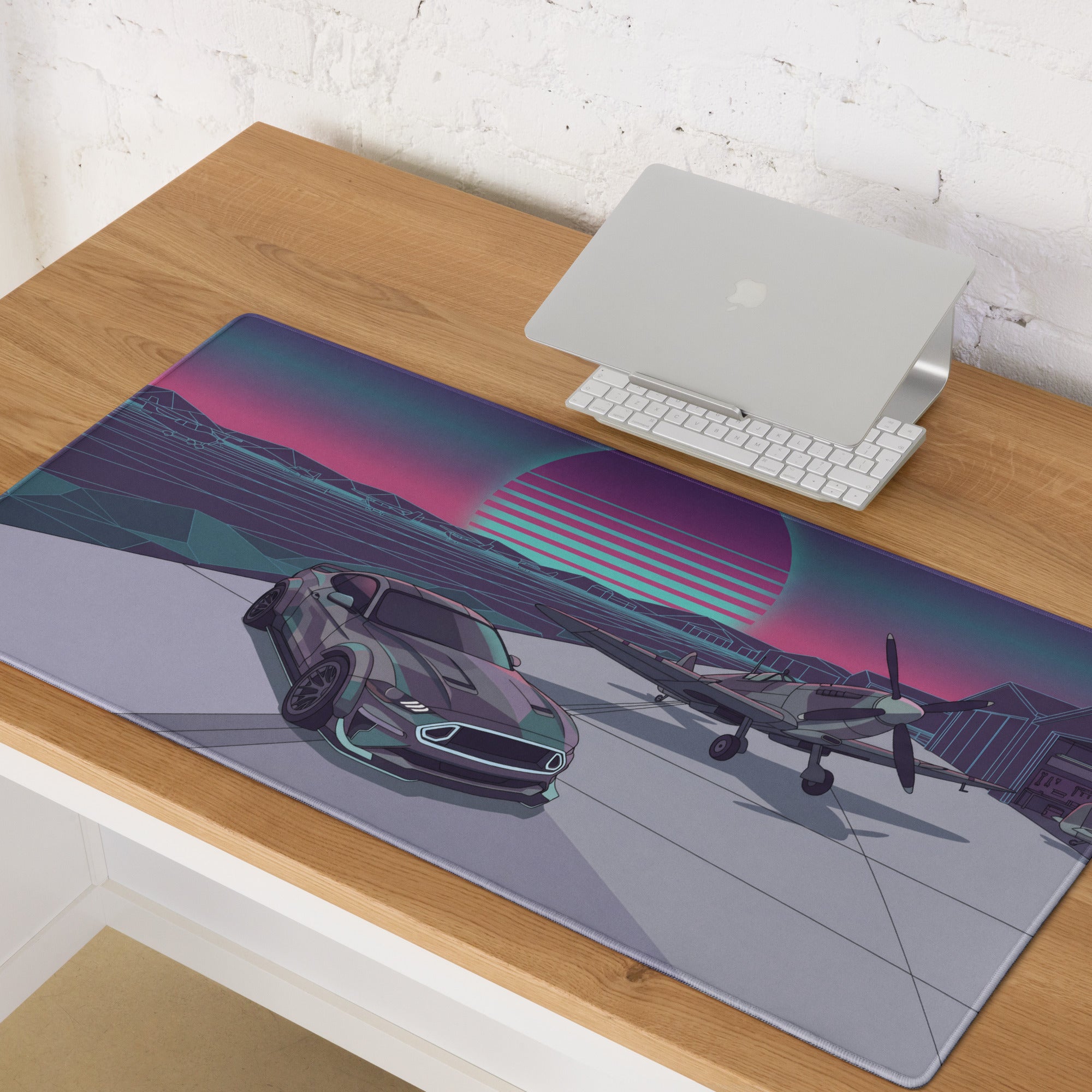 Ford Mustang GT Inspired Gray Vaporwave Gaming Mouse Pad – Retro Futuristic Airfield Desk Mat with Fighter Plane, Neon Sunset and Synthwave Art