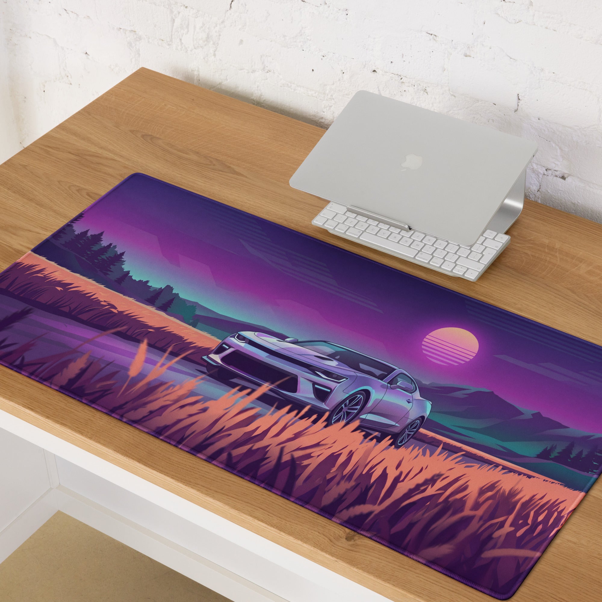 Chevrolet Camaro SS Inspired White Vaporwave Gaming Mouse Pad – Purple Sunset Country Road Desk Mat with Golden Fields and Retro Mountain Art