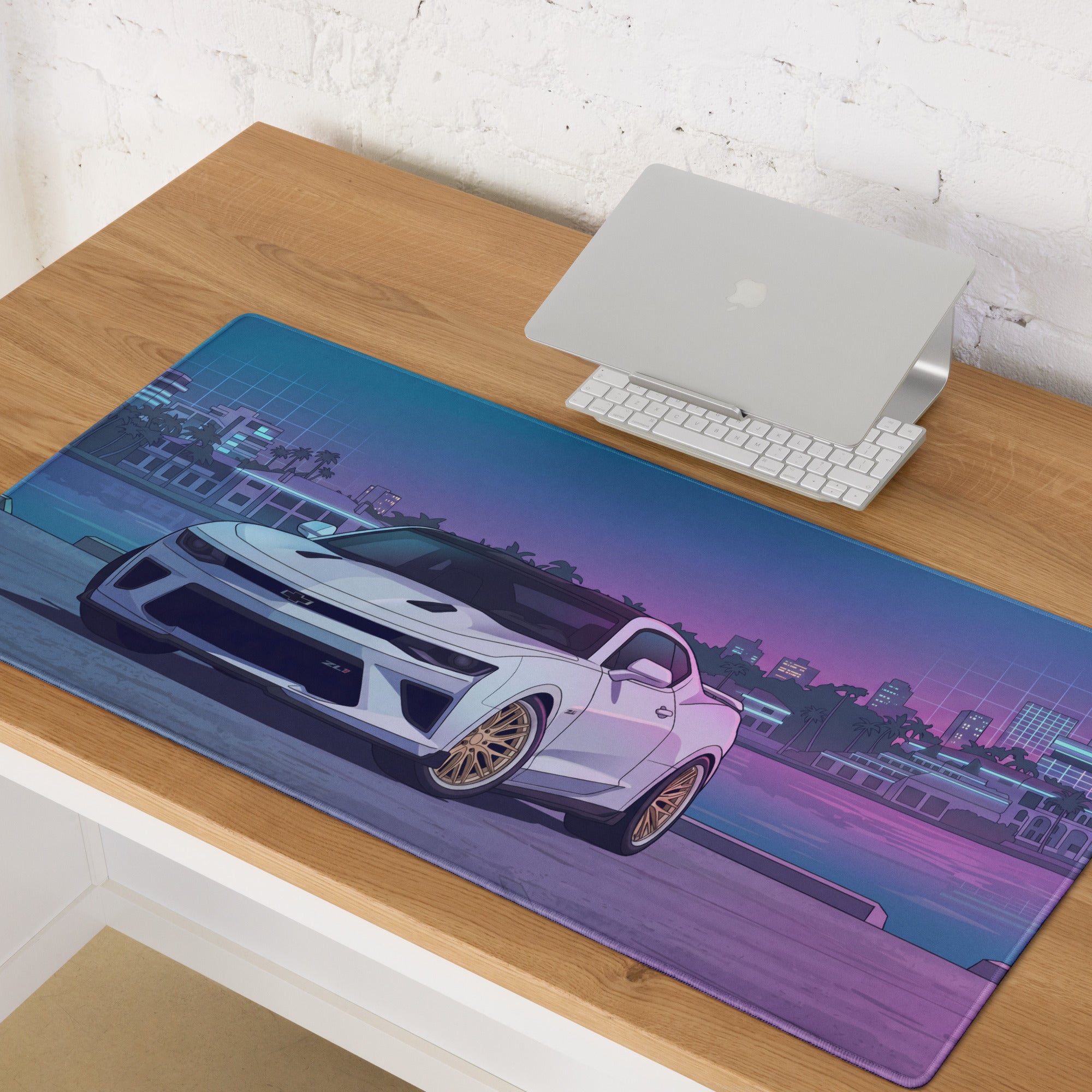 Chevrolet Camaro ZL1 Inspired White Vaporwave Gaming Mouse Pad – Blue Pink Miami Skyline Desk Mat with Retro Futuristic Waterfront Art