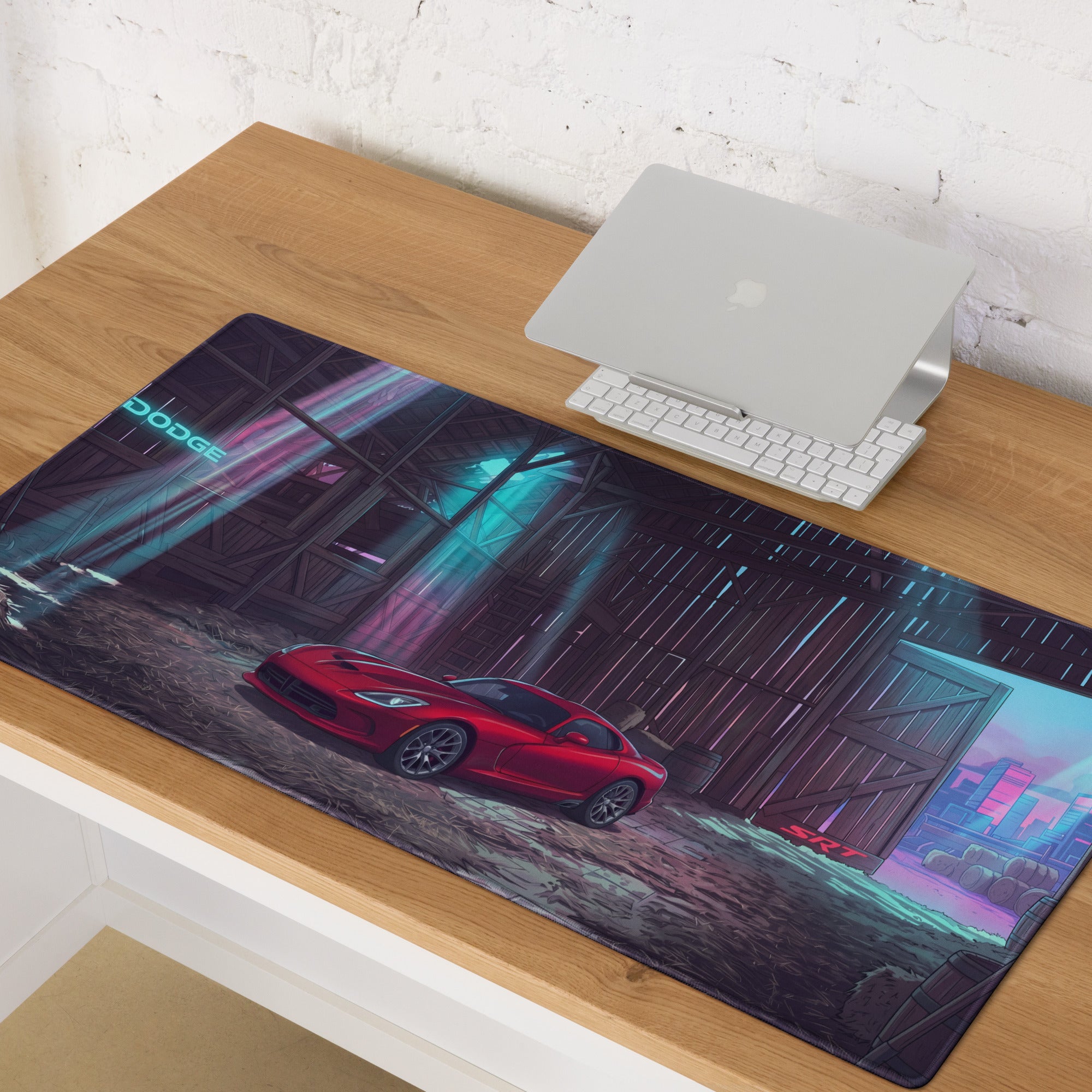 Dodge Viper SRT Inspired Red Vaporwave Gaming Mouse Pad – Neon Blue Rustic Barn Desk Mat with Retro Futuristic City Glow and Automotive Art