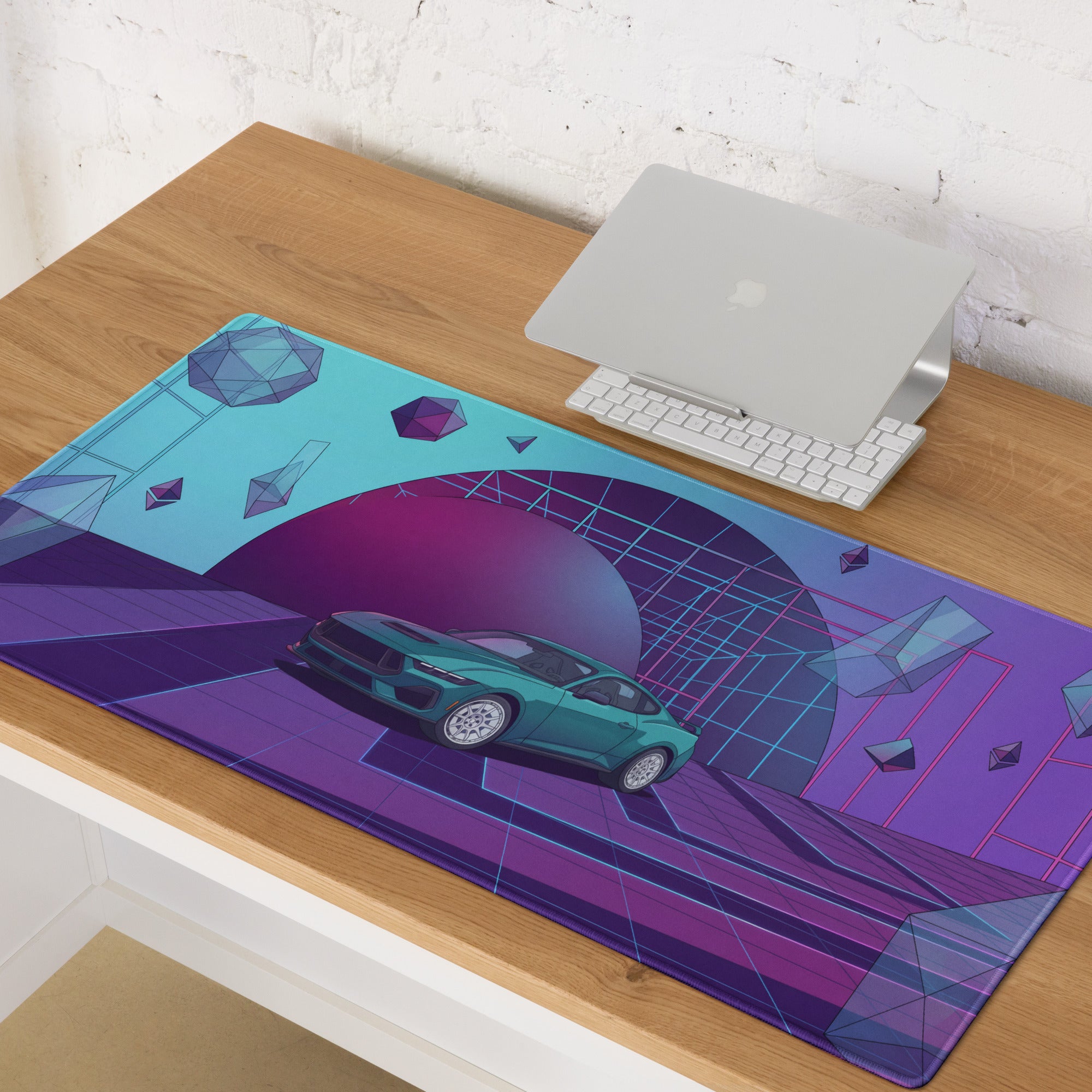 Ford Mustang GT Inspired Teal Vaporwave Gaming Mouse Pad – Purple Neon Geometric Desk Mat with Floating Crystals and Retro Futuristic Grid Art