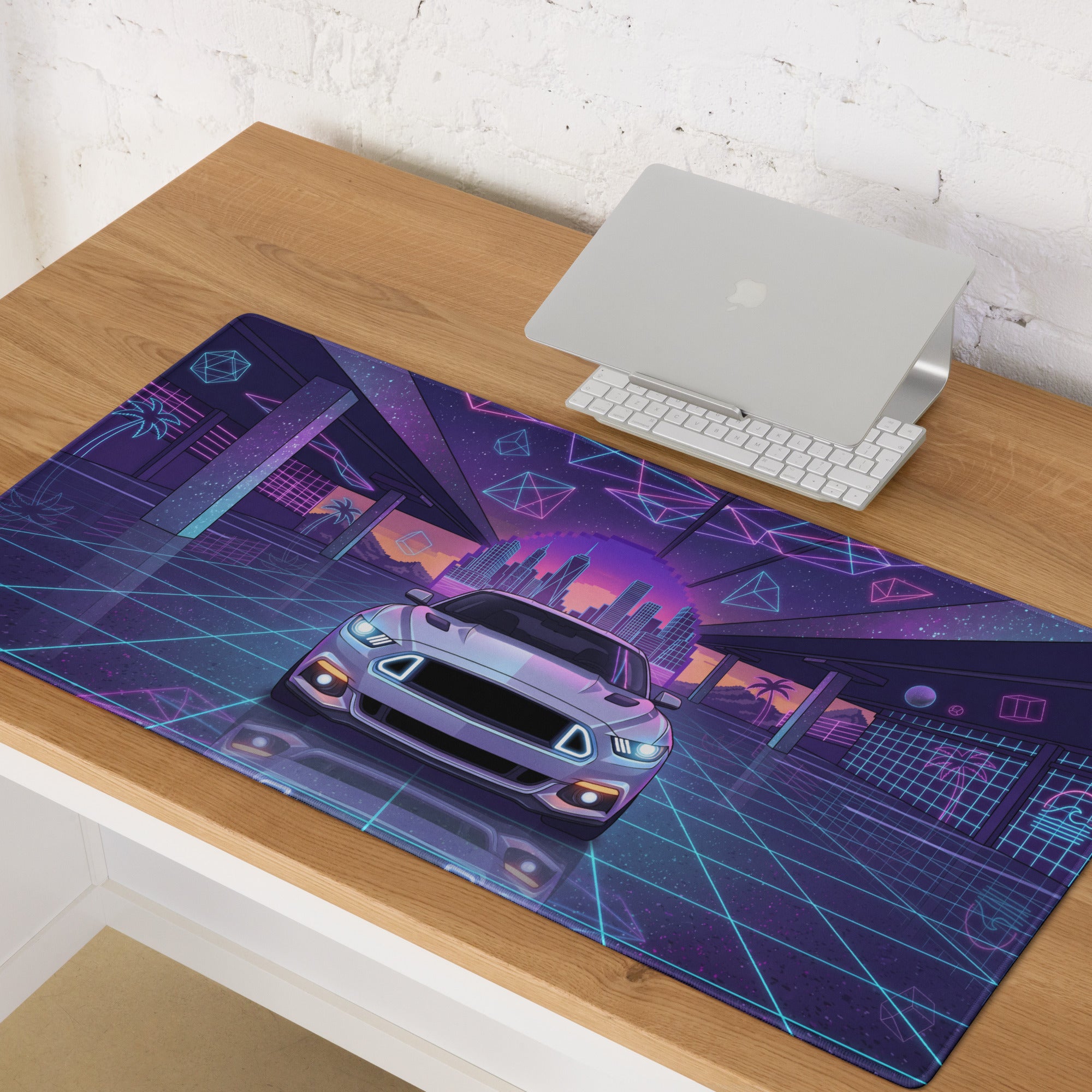 Ford Mustang GT Inspired White Vaporwave Gaming Mouse Pad – Neon Blue Pink Futuristic Garage Desk Mat with Retro City Skyline and Geometric Art