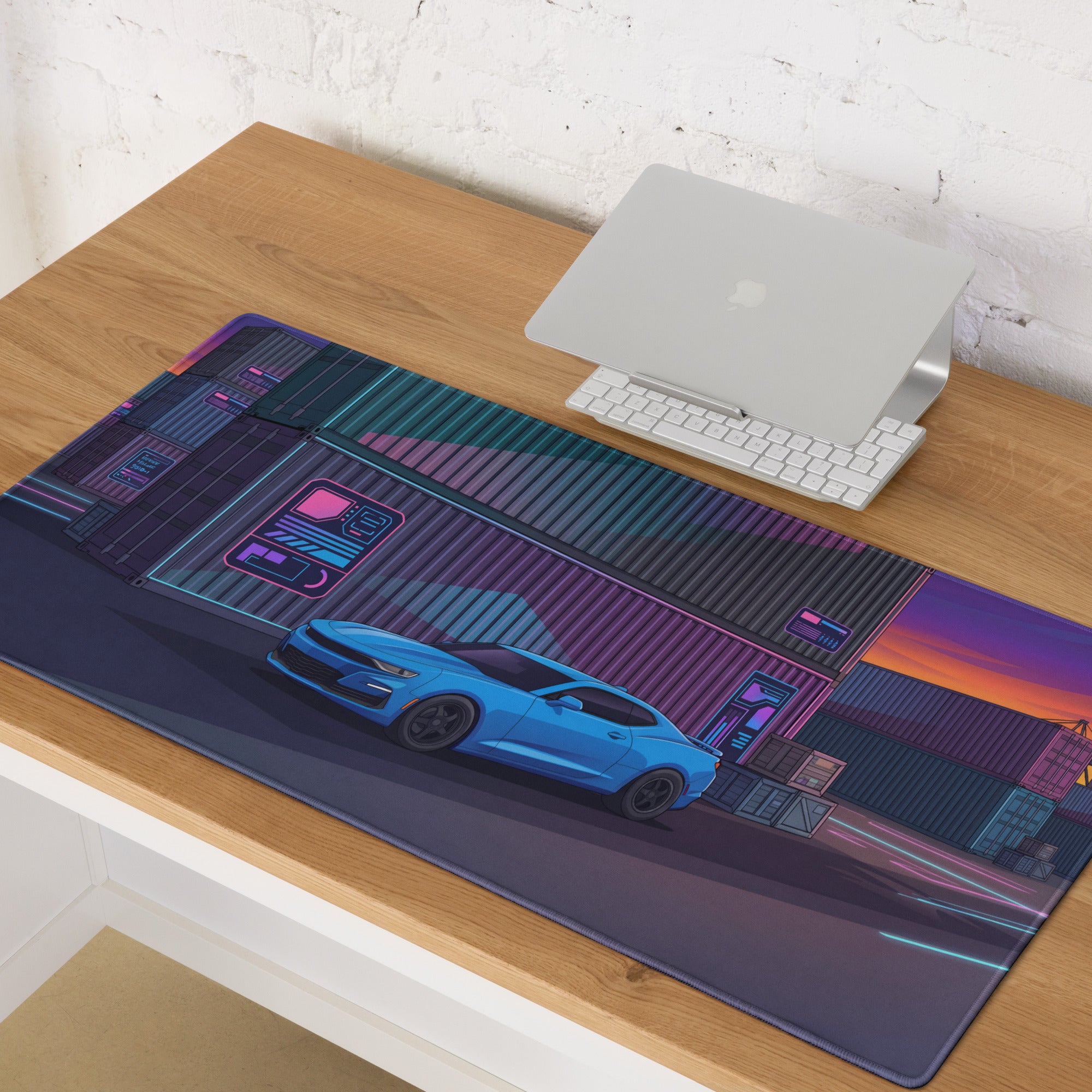 Chevrolet Camaro SS Inspired Blue Vaporwave Gaming Mouse Pad – Neon Pink Shipping Yard Desk Mat with Retro Futuristic Containers and Sunset Art