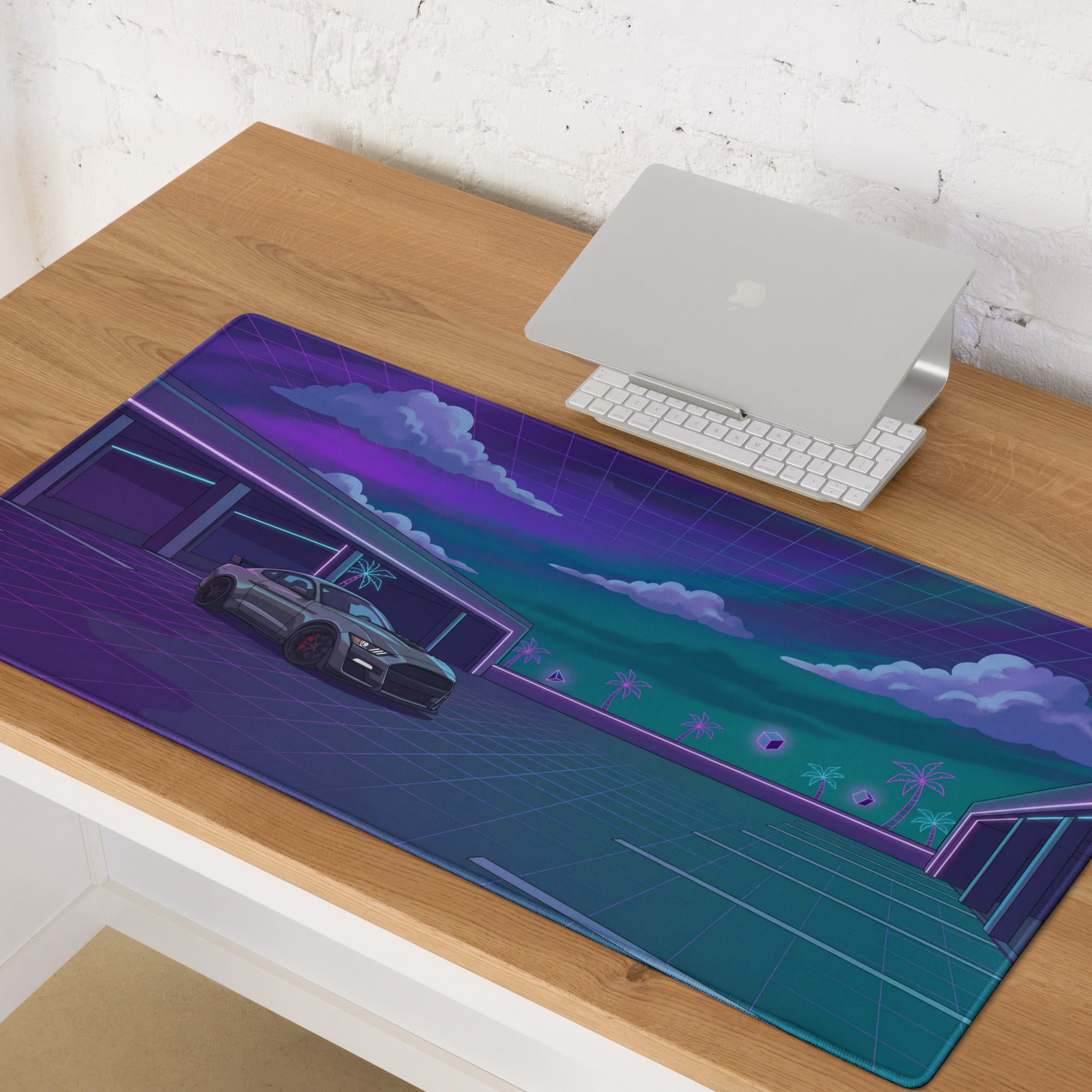 Ford Mustang Shelby GT500 Inspired Gray Vaporwave Gaming Mouse Pad – Neon Purple Cyan Parking Garage Desk Mat with Retro Grid Palm Trees and Futuristic Art