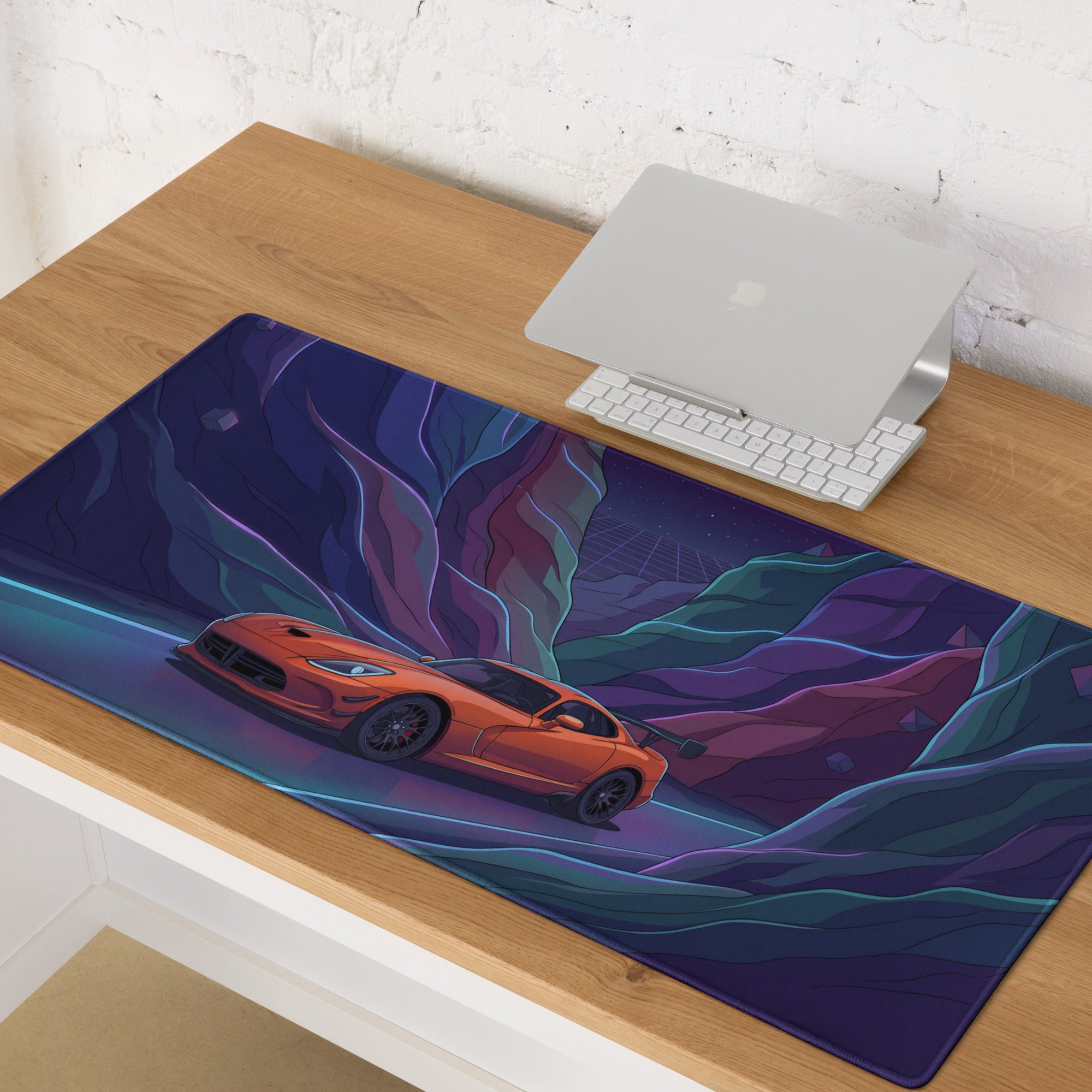 Dodge Viper SRT ACR Inspired Orange Vaporwave Gaming Mouse Pad – Neon Purple Canyon Road Desk Mat with Retro Grid Sky and Futuristic Night Art