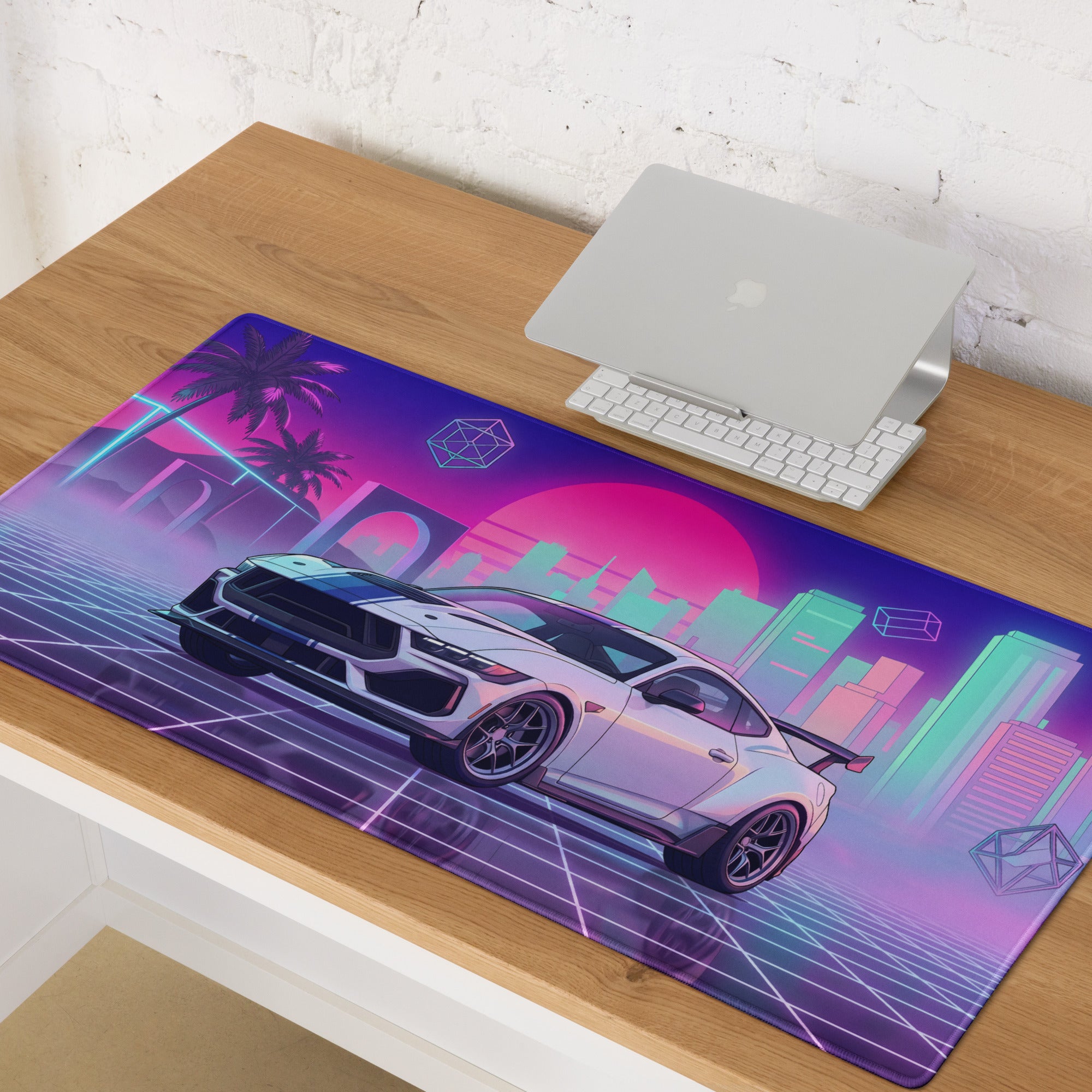 Ford Mustang Dark Horse Inspired White Vaporwave Gaming Mouse Pad – Neon Pink Cyan City Skyline Desk Mat with Retro Grid Sun and