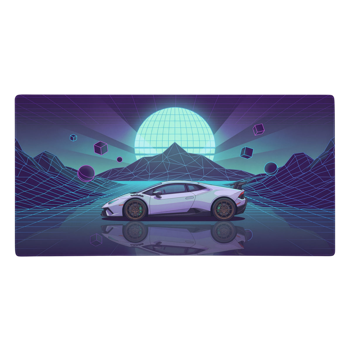 A sleek white Lamborghini Huracán digital art on a purple vaporwave gaming mouse pad with neon cyan grid design