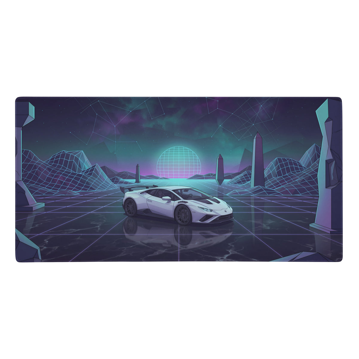 White lamborghini huracán sto inspired cyan vaporwave gaming mouse pad with neon grid landscape and geometric mountains