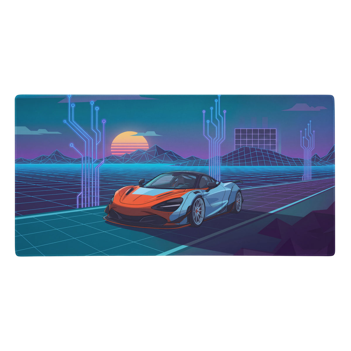 McLaren 720s inspired widebody orange blue vaporwave gaming mouse pad with neon cyber grid and retro futuristic car art