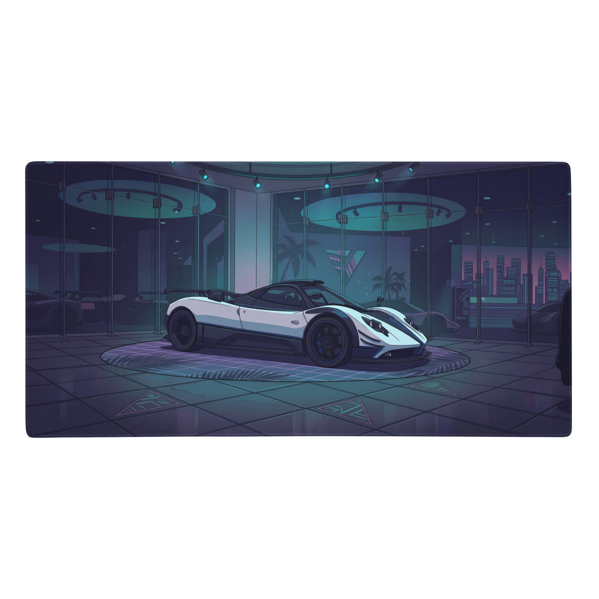 White and black Pagani Zonda sports car with sleek aerodynamic design in a neon luxury vaporwave gaming mouse pad