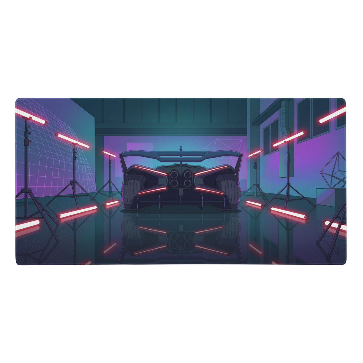 Bugatti bolide inspired black red vaporwave gaming mouse pad with neon futuristic hypercar digital art design