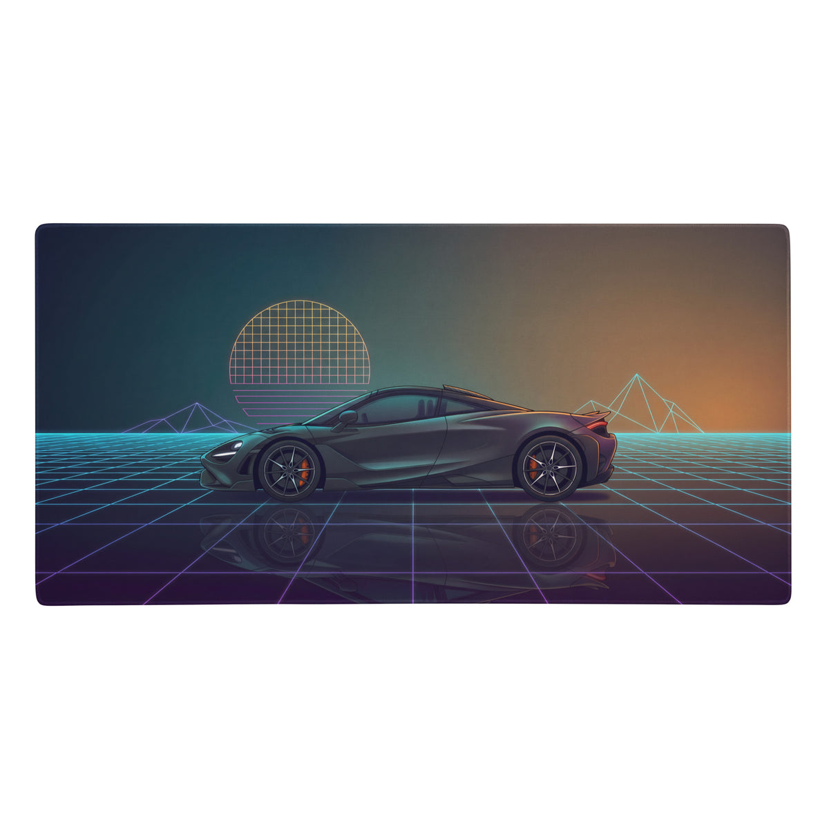 McLaren 720S inspired gray teal vaporwave gaming mouse pad with dark gray sports car and orange brake calipers in digital art