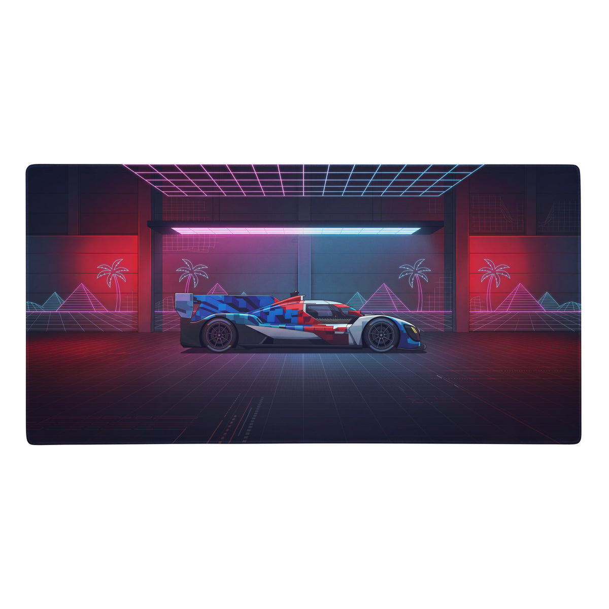 Neon-lit blue red and white futuristic bmw m hybrid v8 race car on vaporwave gaming mouse pad in cyberpunk garage