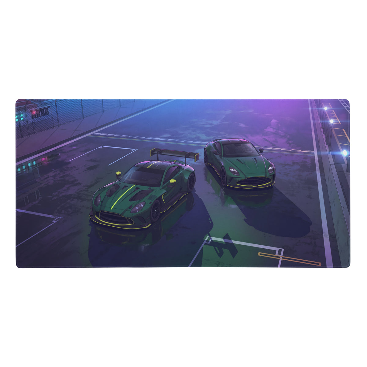 Aston Martin vantage gt3 and db12 inspired green vaporwave gaming mouse pad with neon racetrack and racing cars design